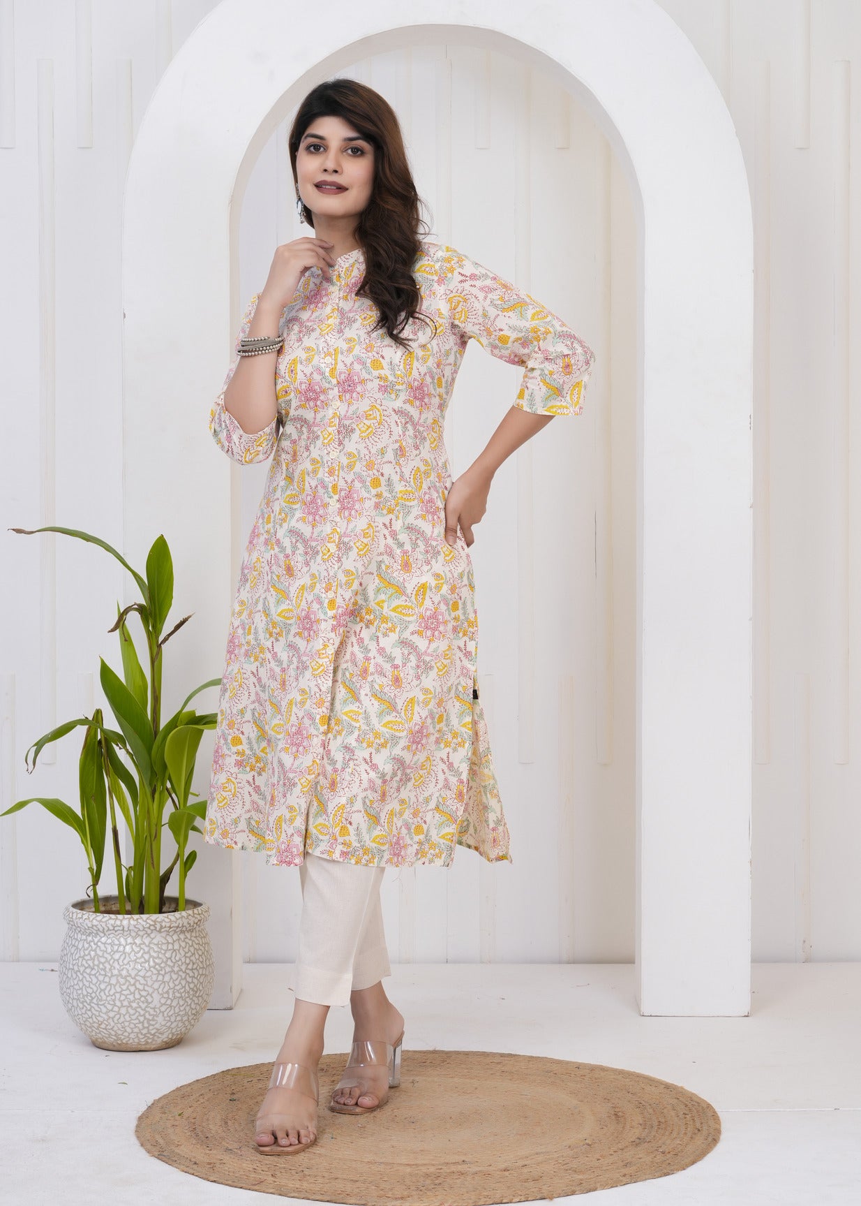 Cream With Floral Printed Cotton Kurti