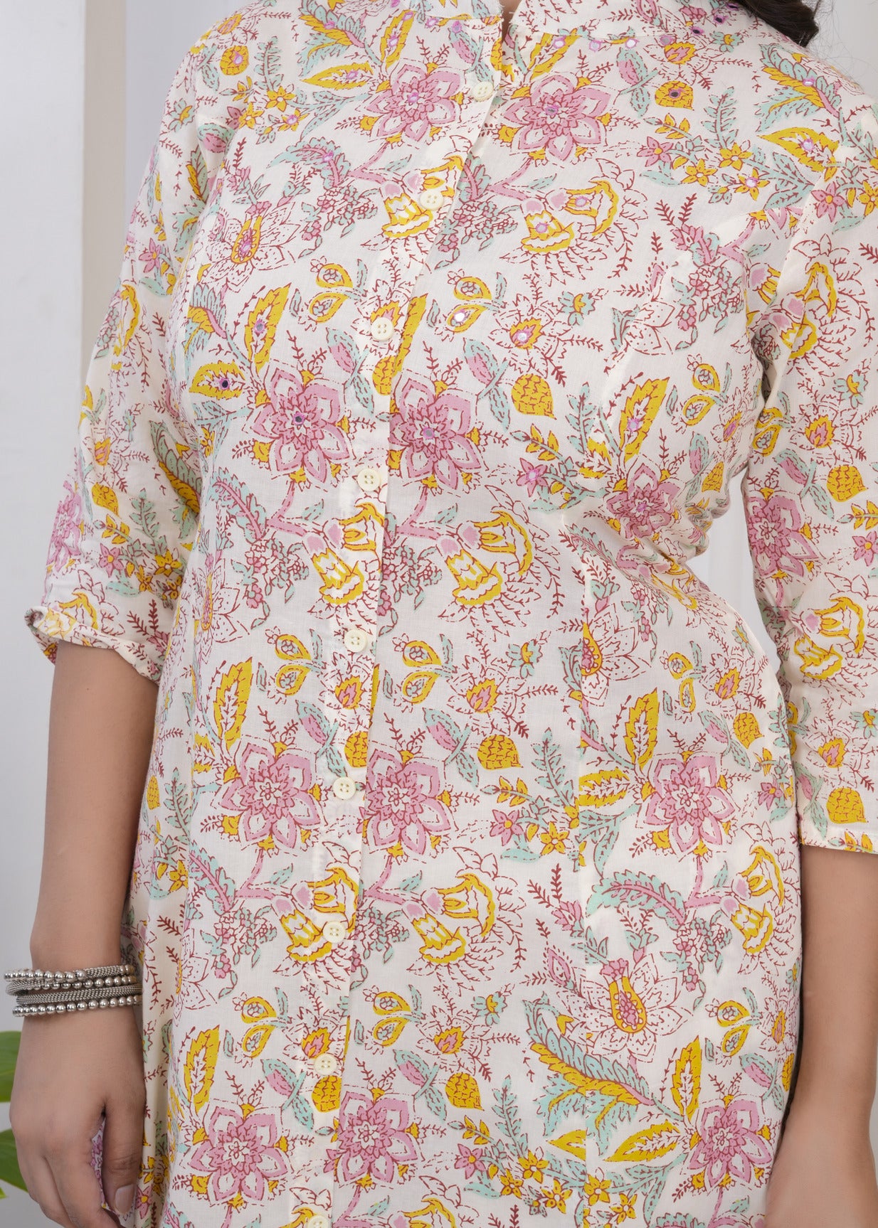 Cream With Floral Printed Cotton Kurti