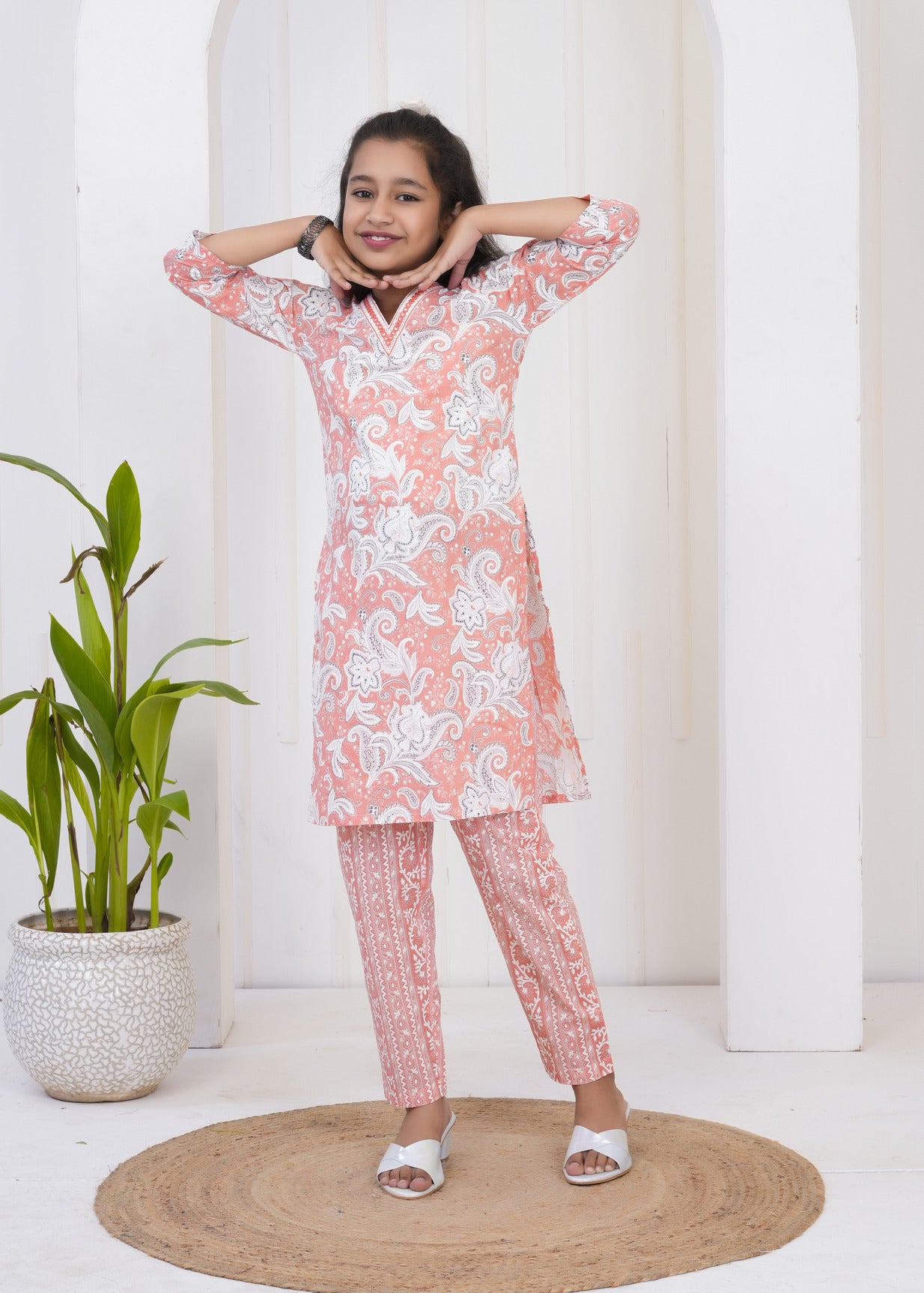 Orange With White Floral Printed Cotton Kurti Set