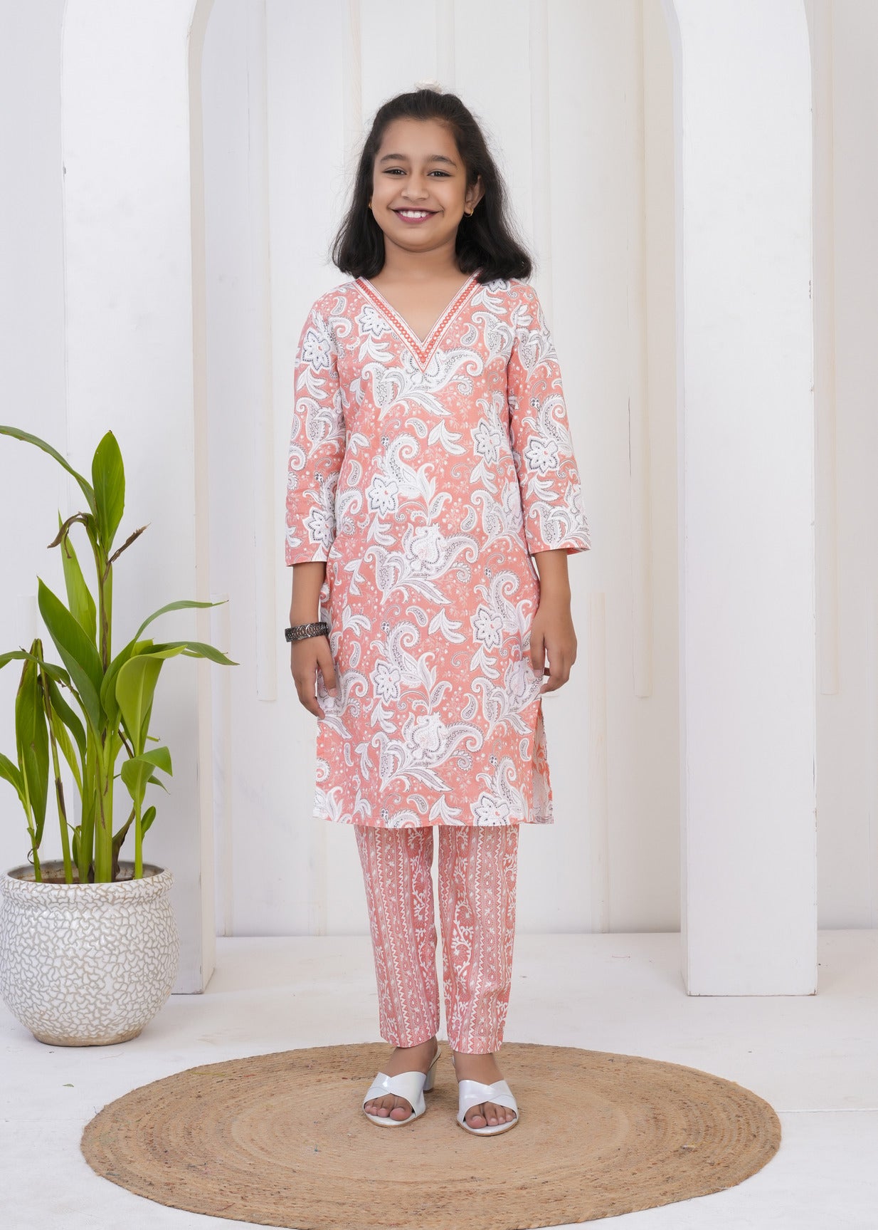 Orange With White Floral Printed Cotton Kurti Set