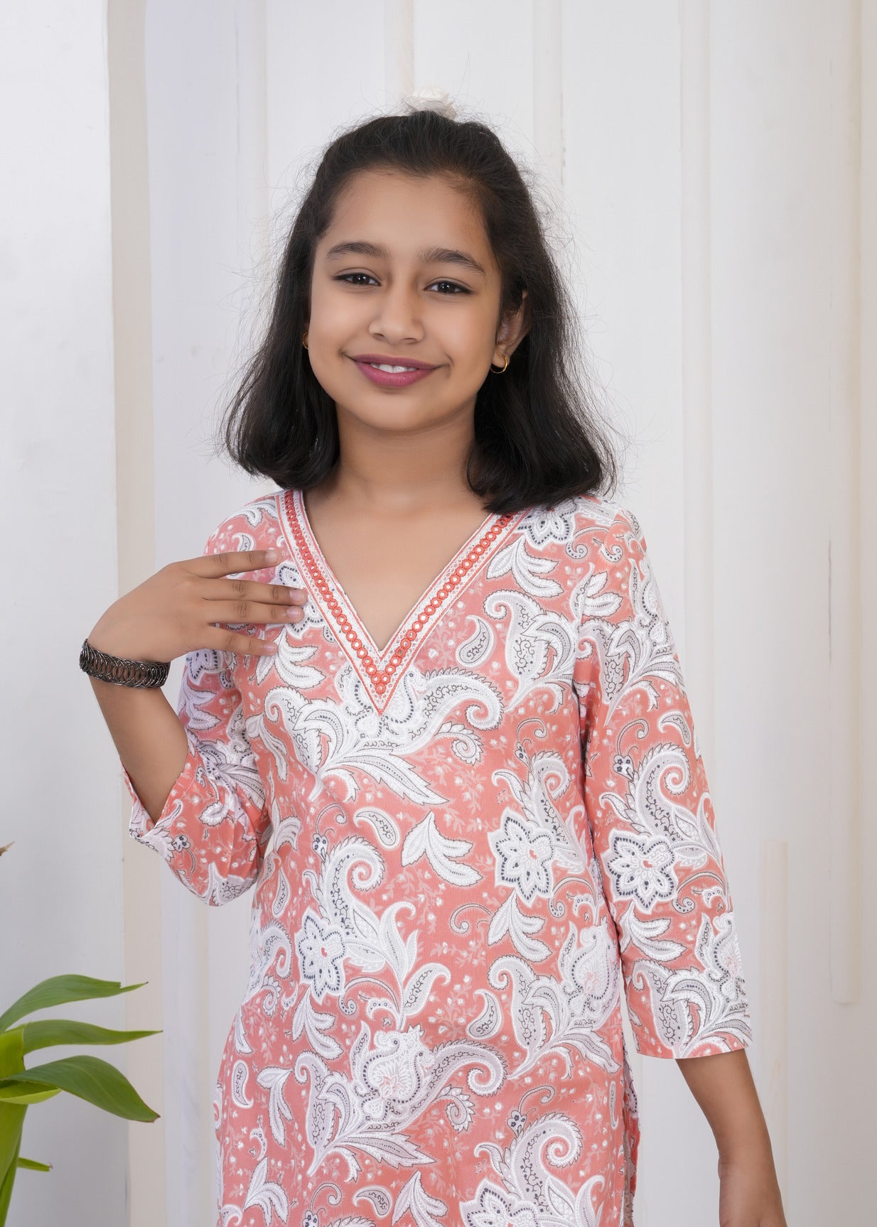 Orange With White Floral Printed Cotton Kurti Set