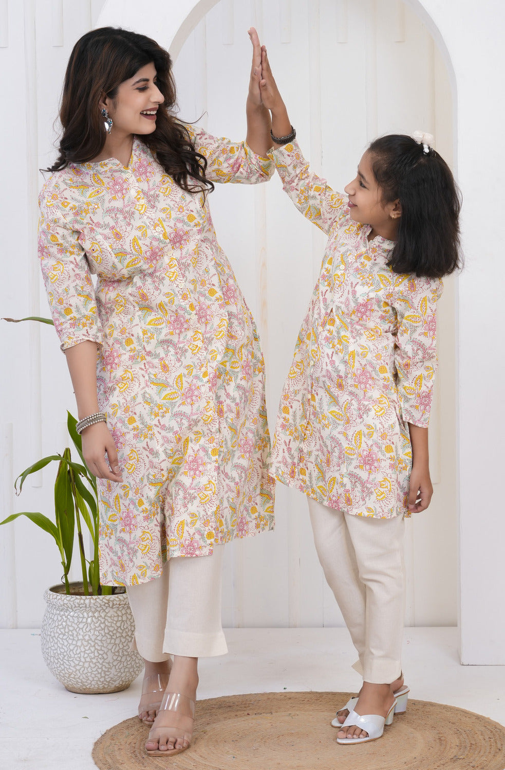 Cream With Floral Printed Cotton Kurti