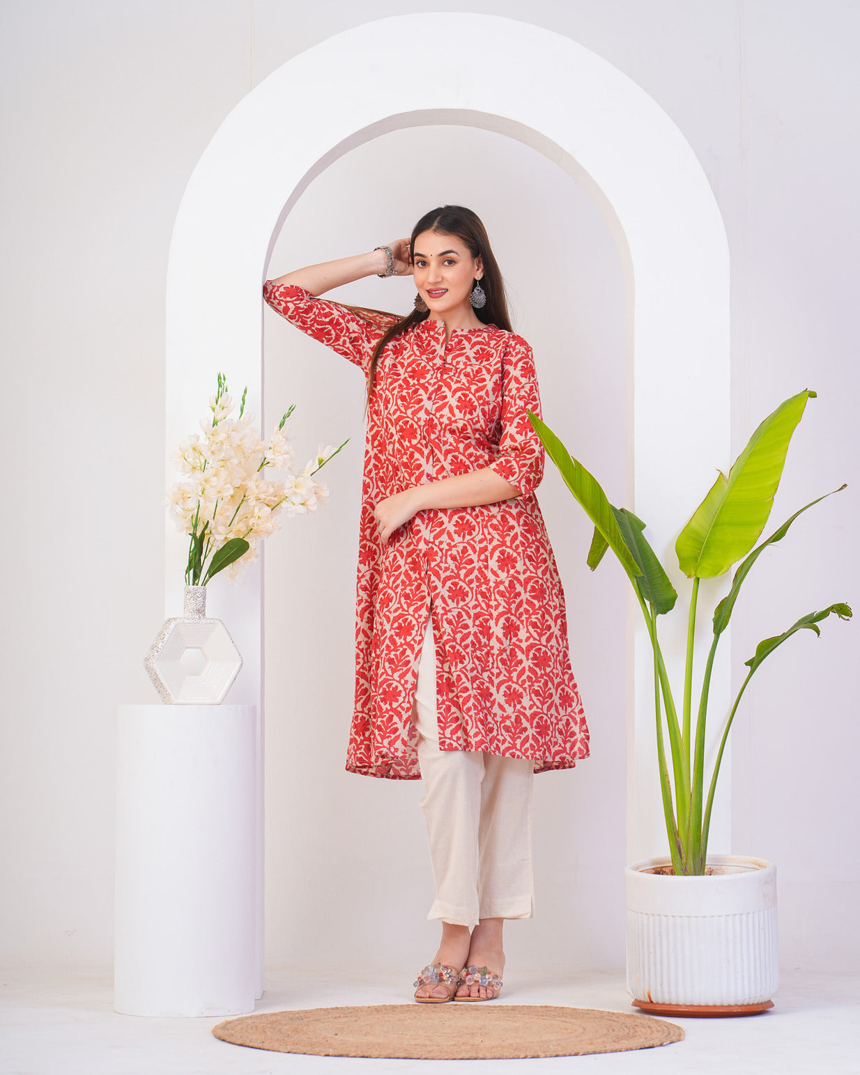 Red With Beige Cotton Fabric Kurti