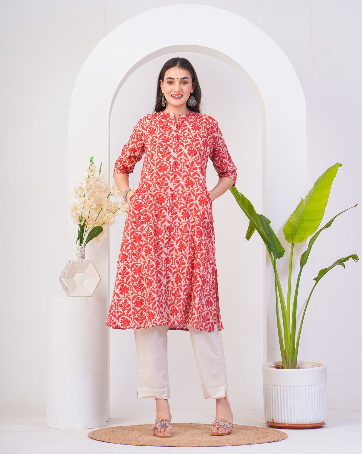 Red With Beige Cotton Fabric Kurti