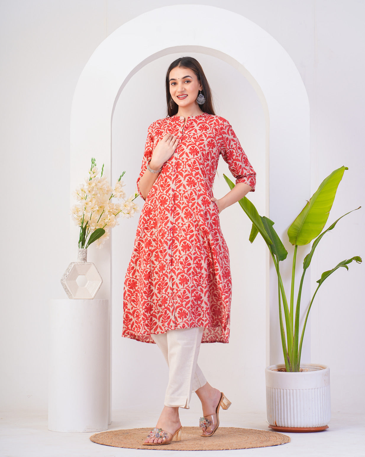 Red With Beige Cotton Fabric Kurti