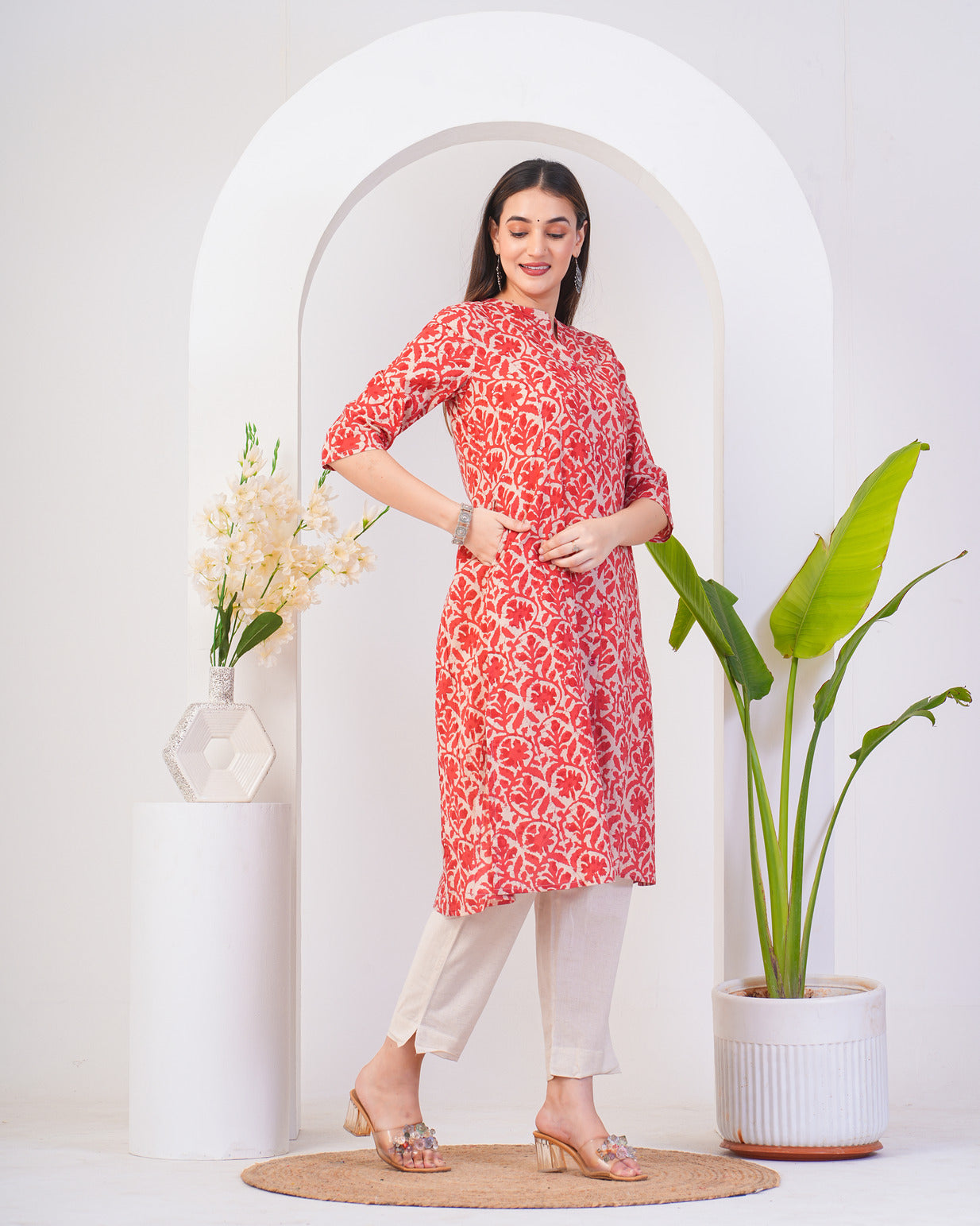 Red With Beige Cotton Fabric Kurti