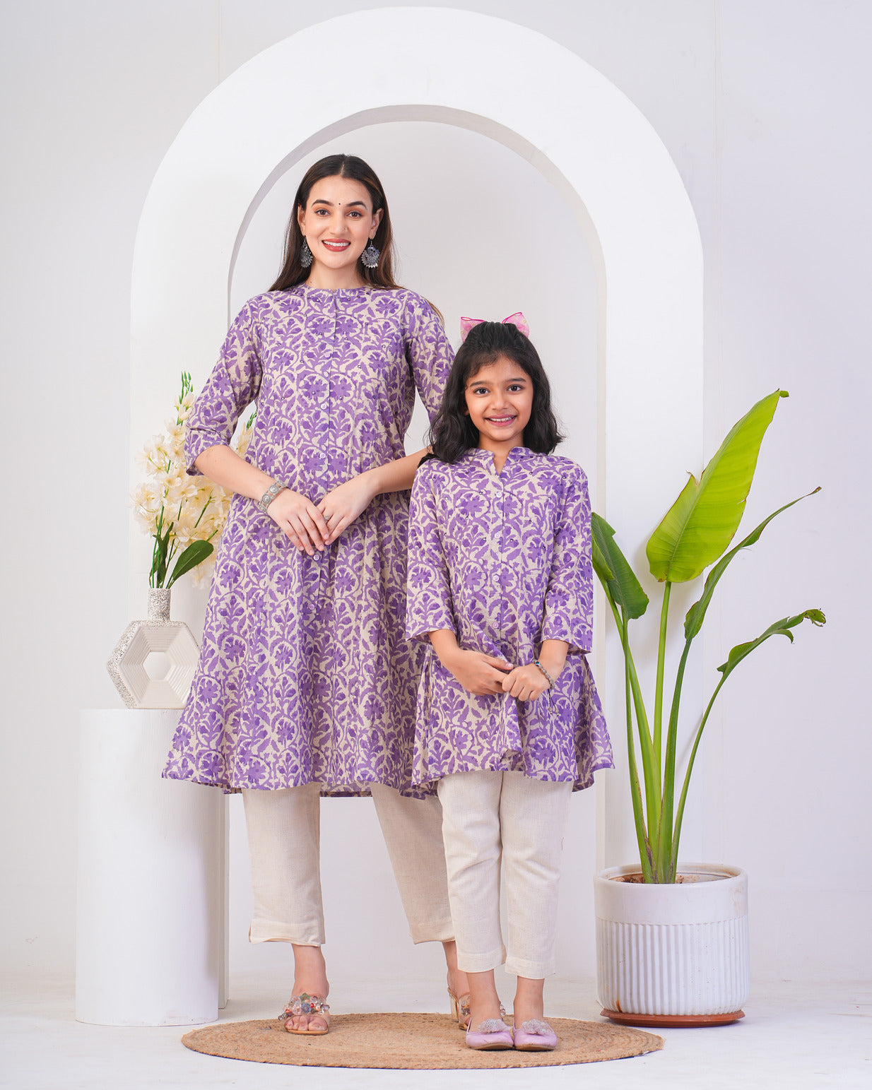 Purple  With Beige Cotton Fabric Kurti