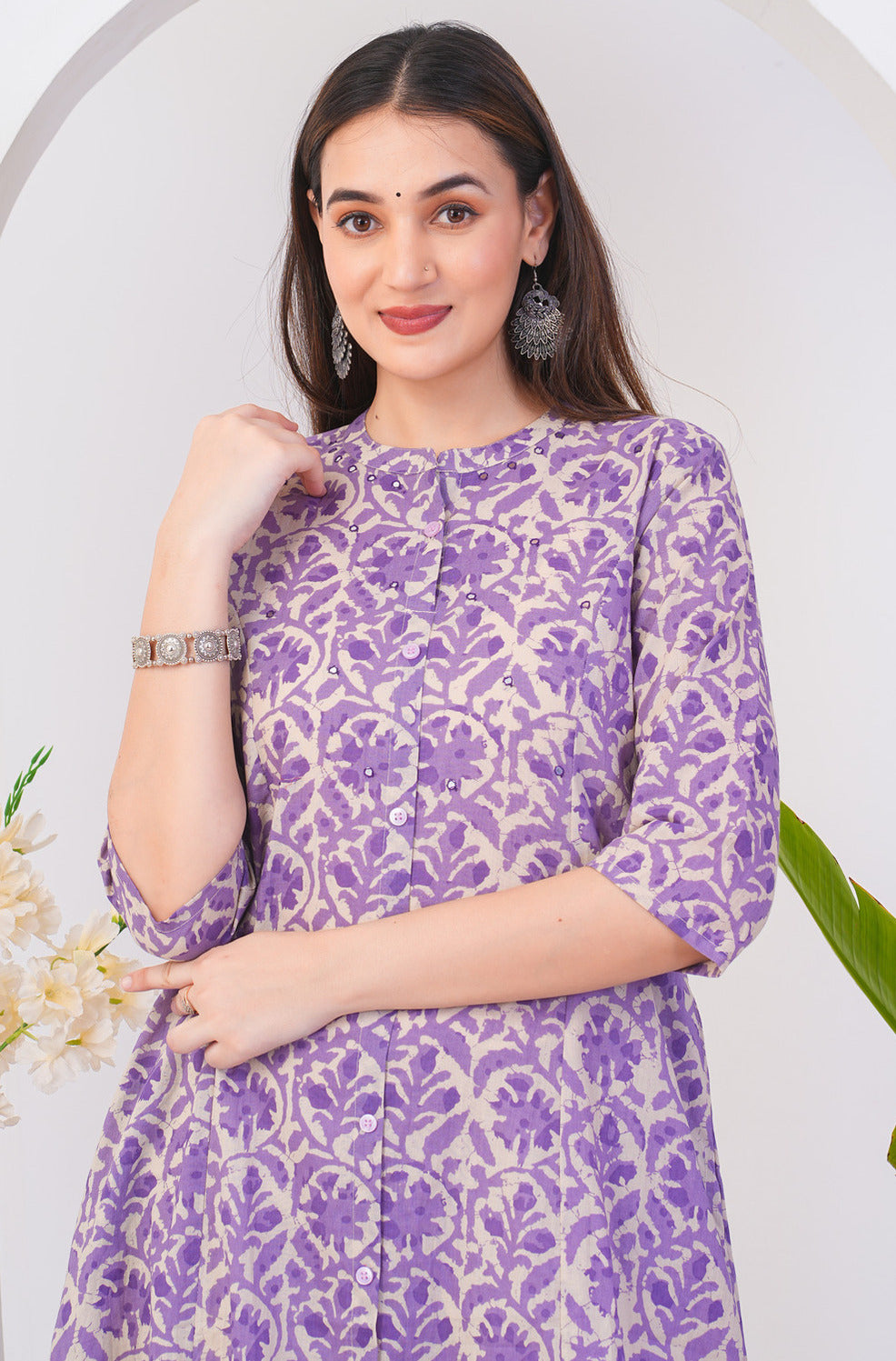 Purple With Beige Cotton Fabric Kurti