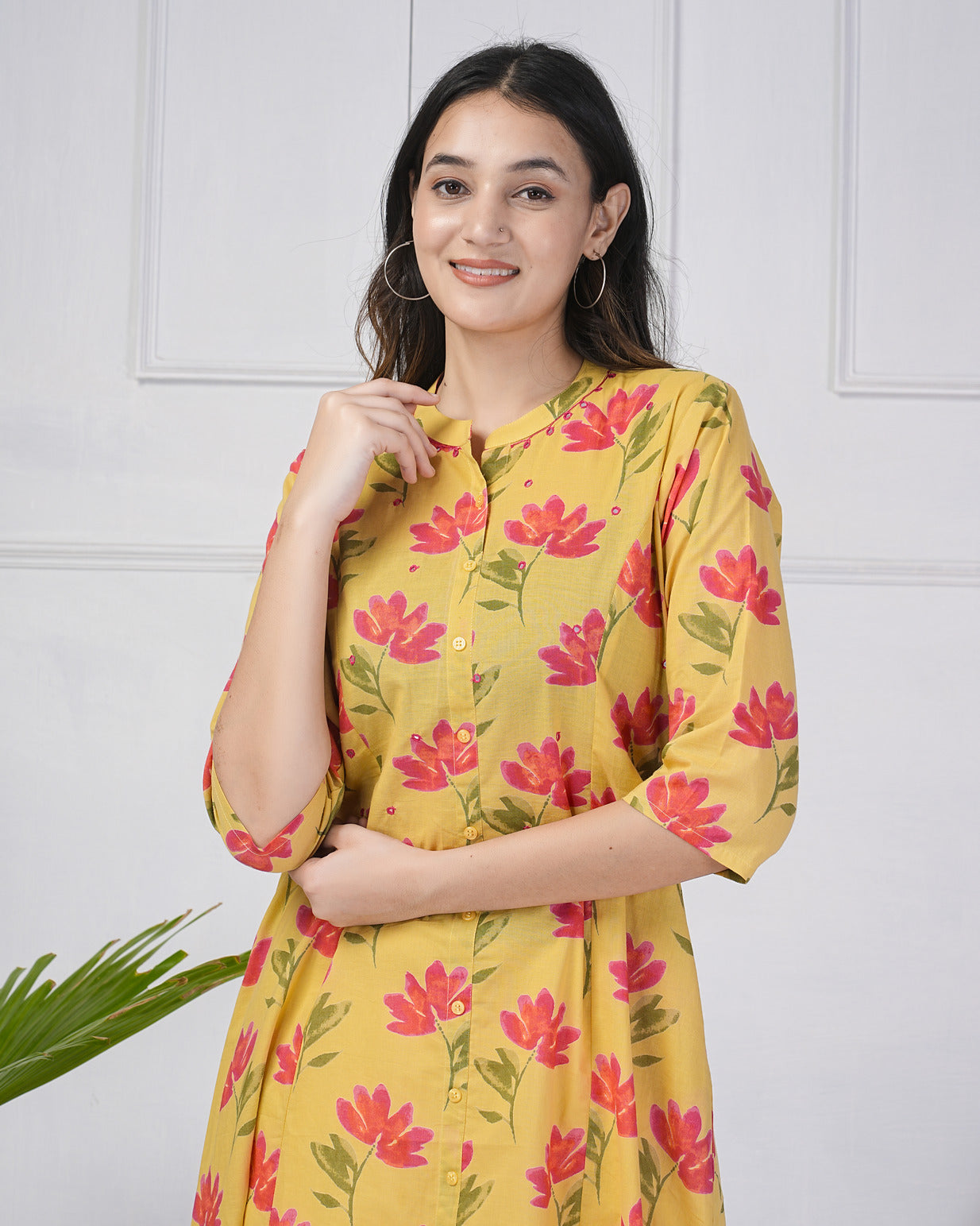 Yellow Floral Printed Cotton Kurti