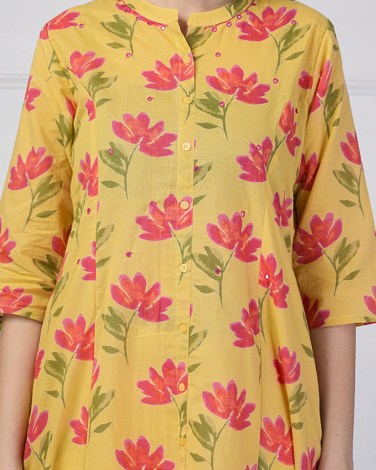 Yellow Floral Printed Cotton Kurti