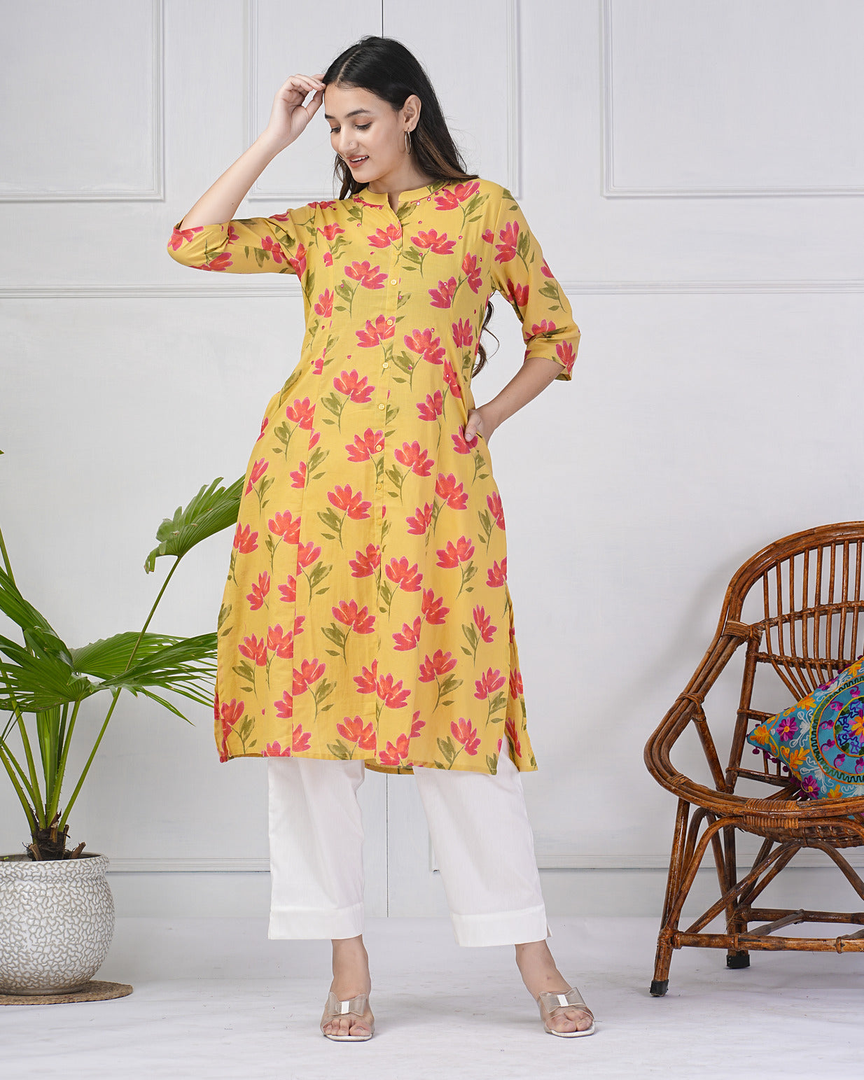 Yellow Floral Printed Cotton Kurti