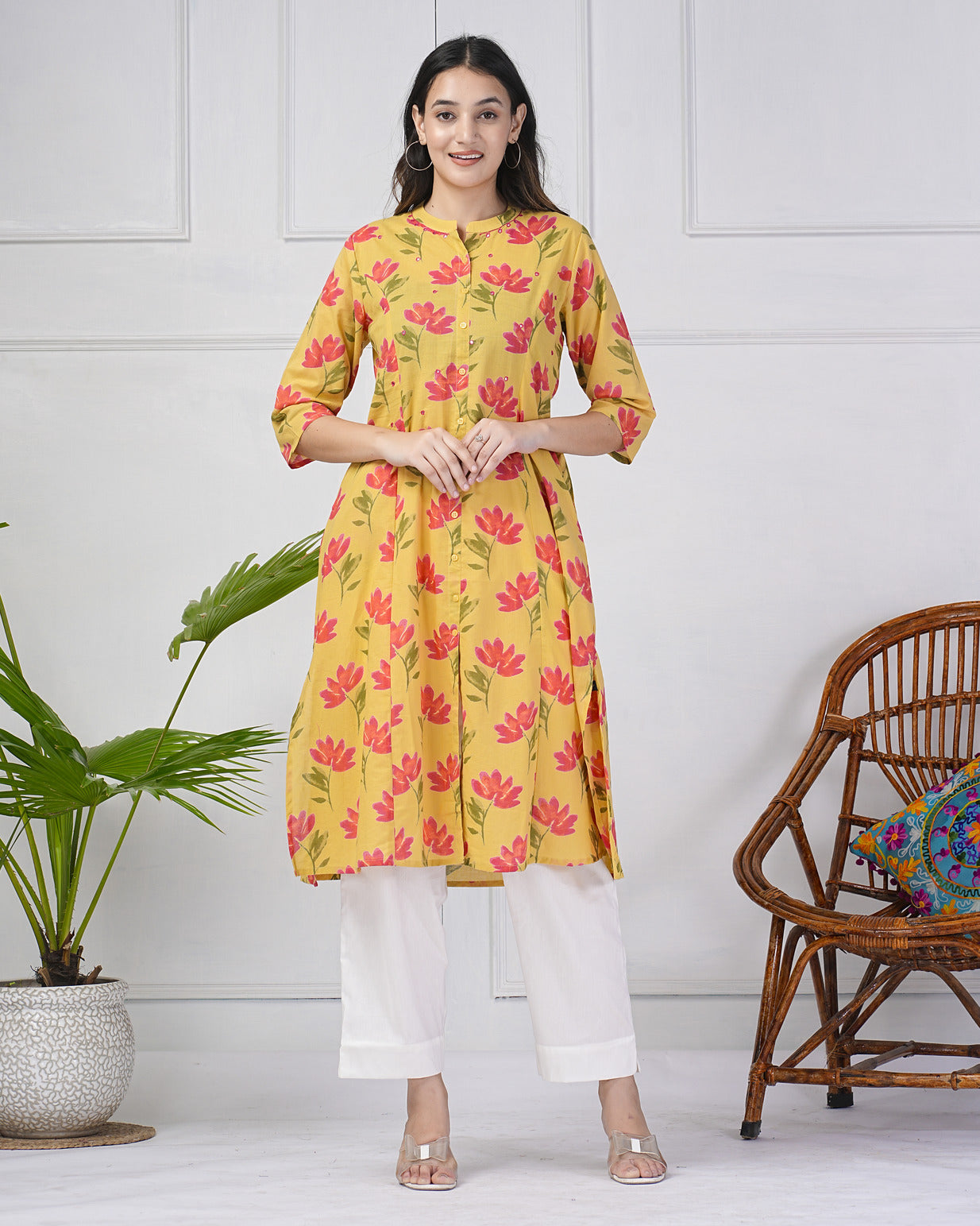 Yellow Floral Printed Cotton Kurti