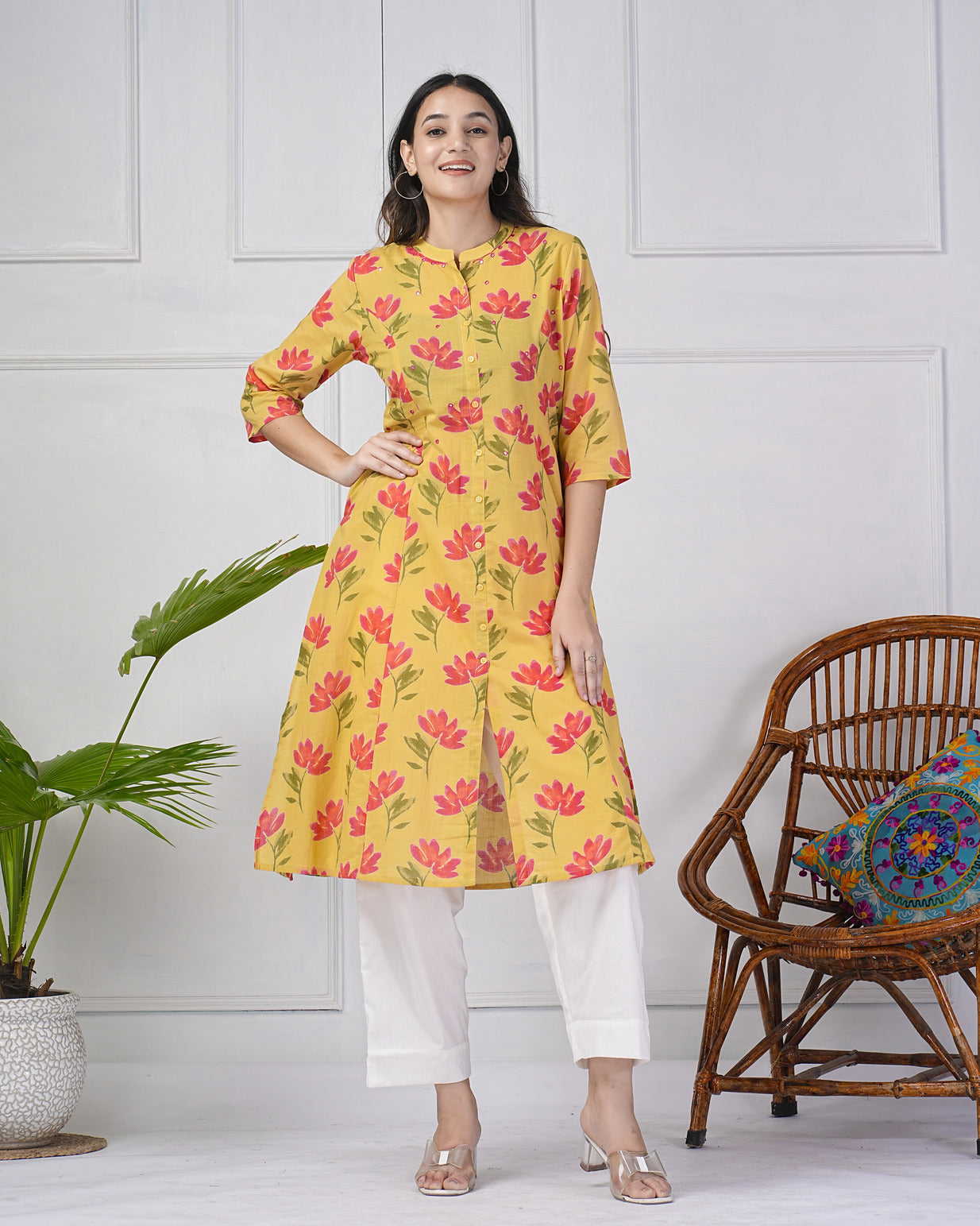 Yellow Floral Printed Cotton Kurti