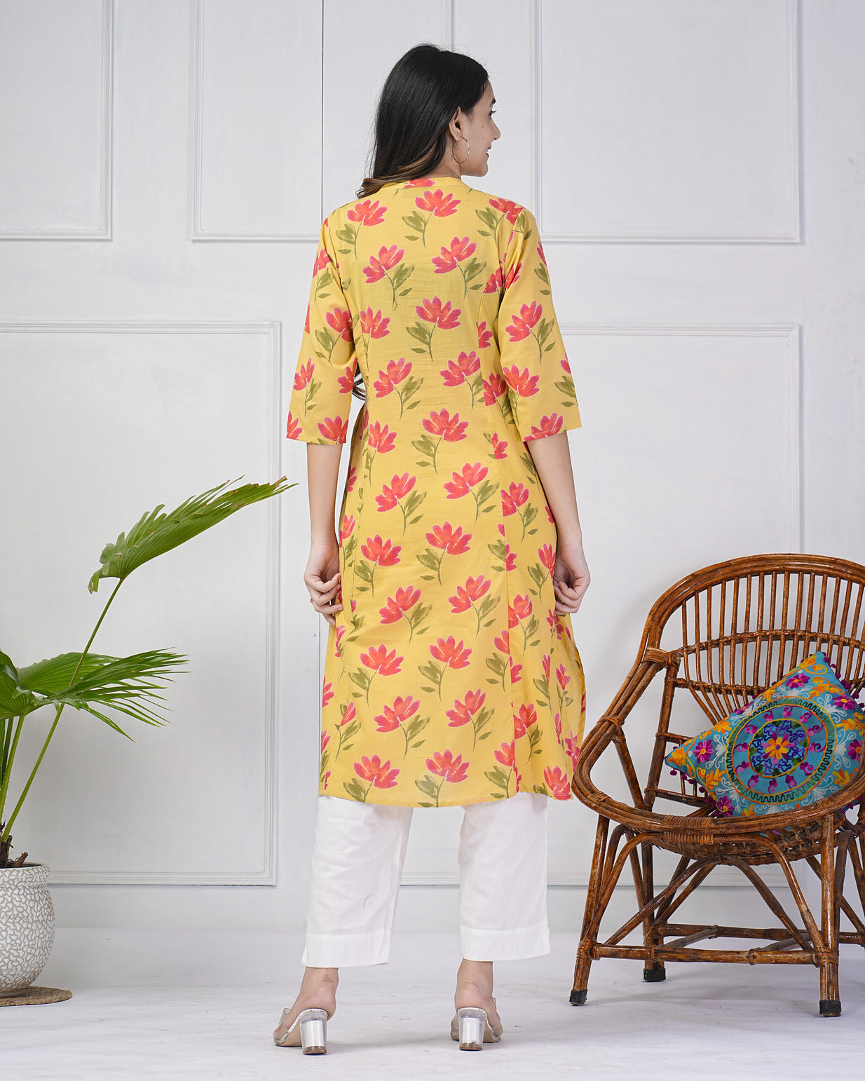 Yellow Floral Printed Cotton Kurti