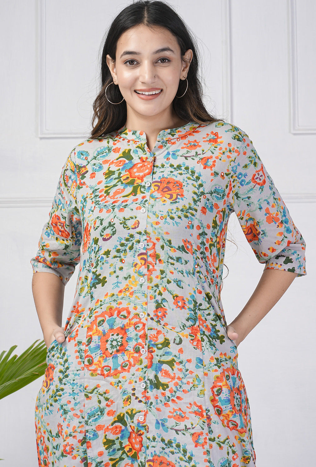 Multicolor Abstract Printed With Threadwork Neckline Cotton Kurti