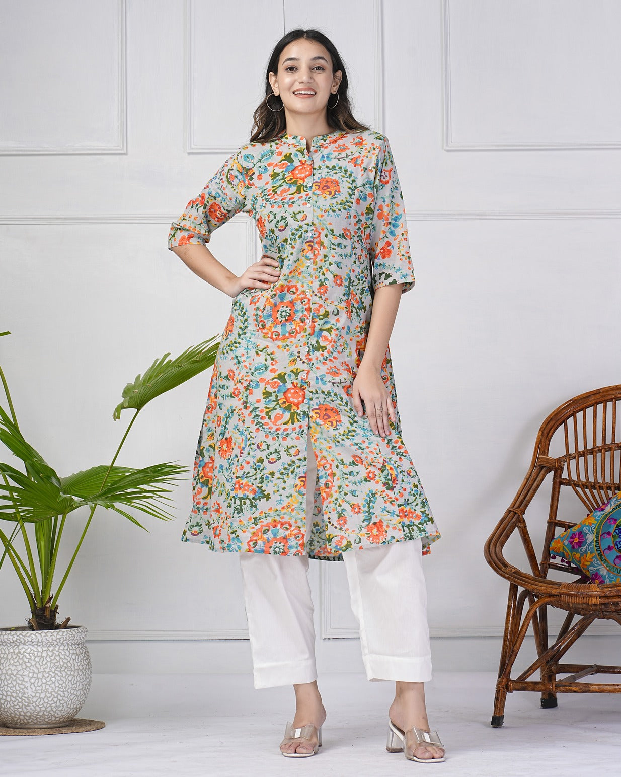 Grey Abstract Printed With Threadwork Neckline Cotton Kurti