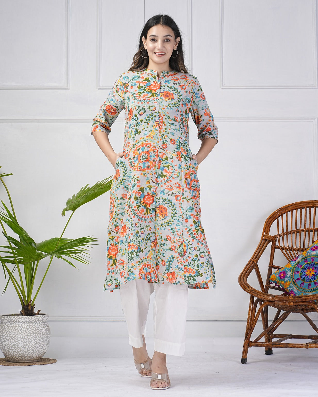 Grey Abstract Printed With Threadwork Neckline Cotton Kurti