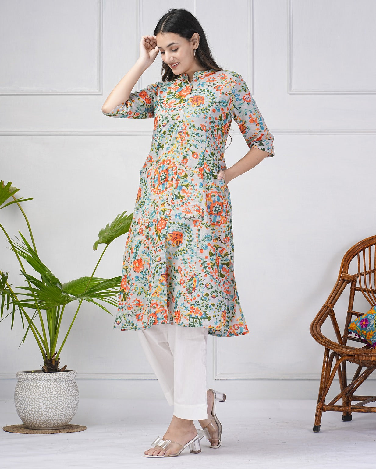 Grey Abstract Printed With Threadwork Neckline Cotton Kurti