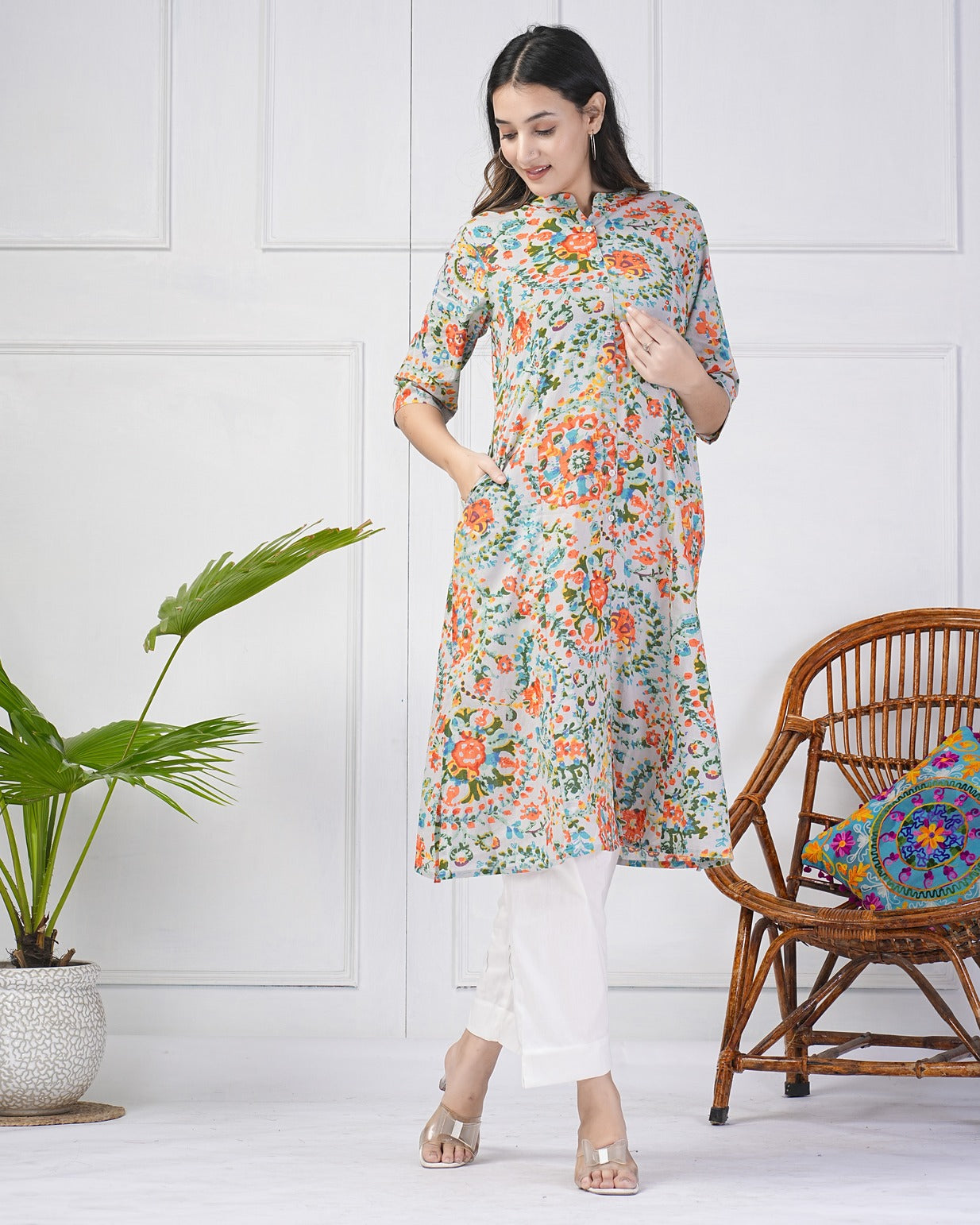 Grey Abstract Printed With Threadwork Neckline Cotton Kurti