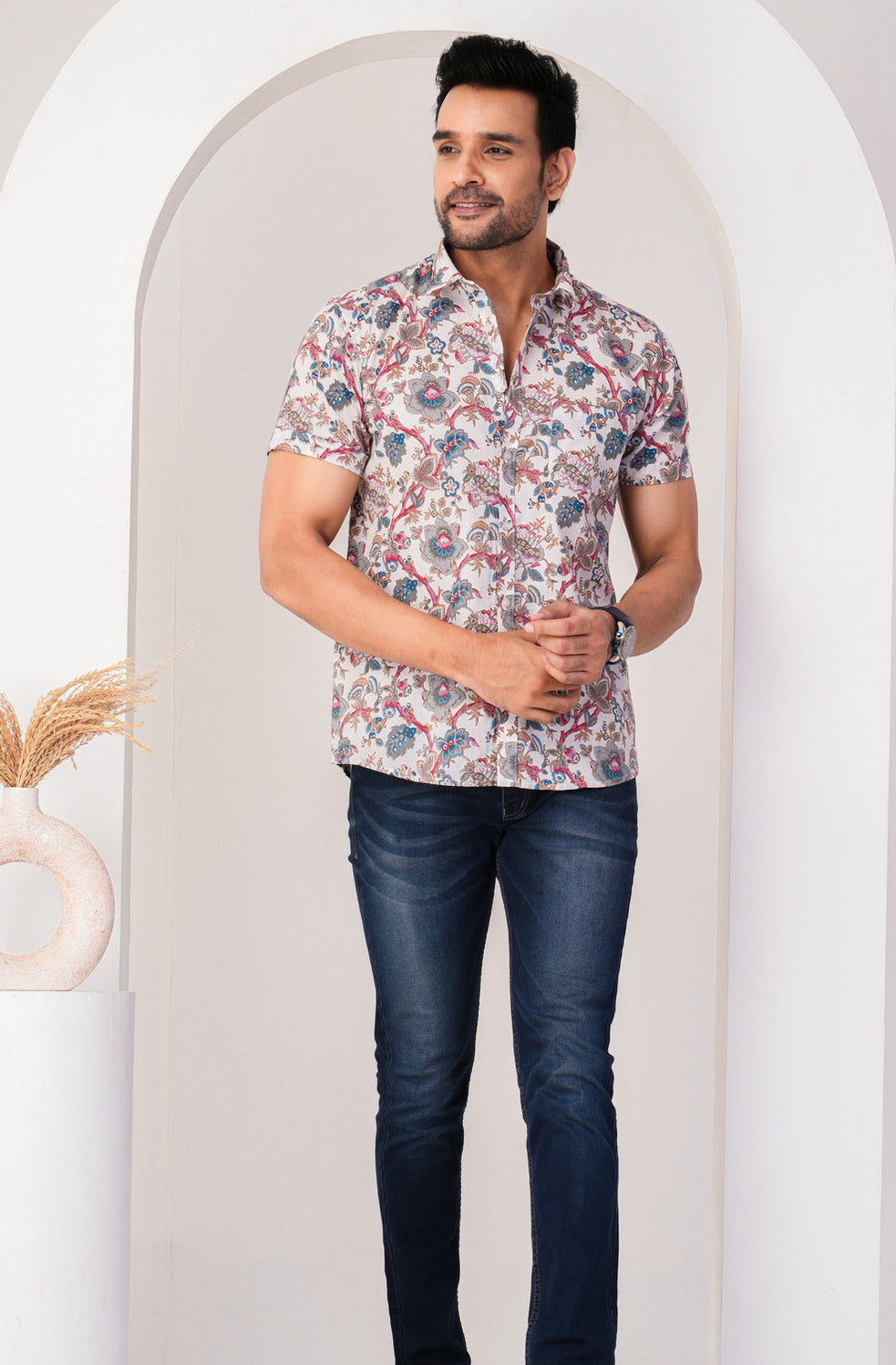 Light Pink Flower Print Cotton Regular Fit Men's Shirt