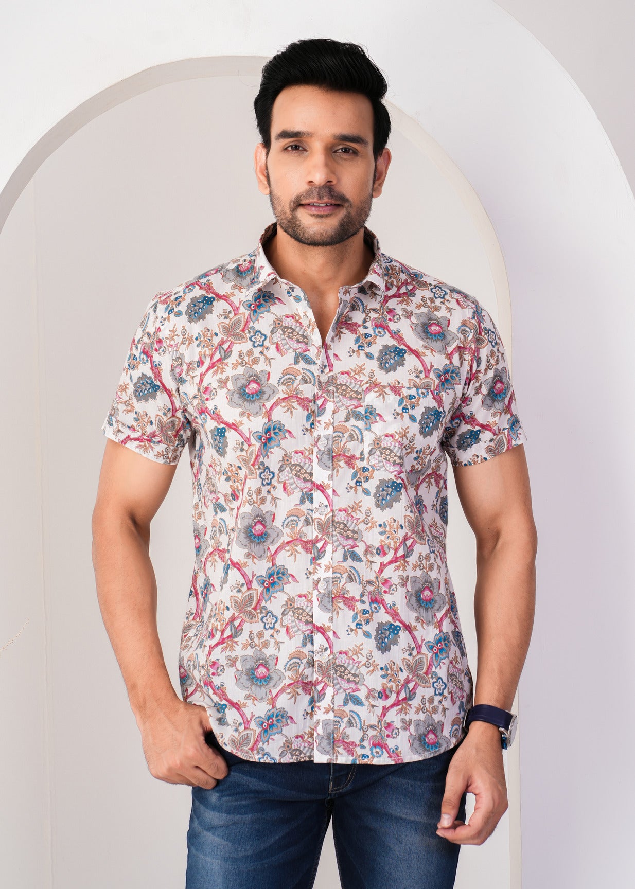 Light Pink Flower Print Cotton Regular Fit Men's Shirt