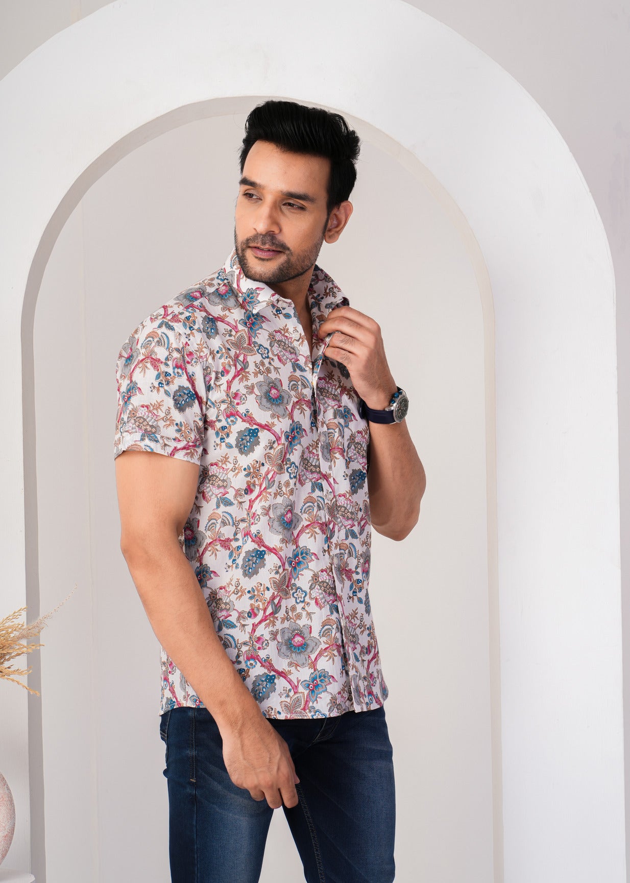 Light Pink Flower Print Cotton Regular Fit Men's Shirt
