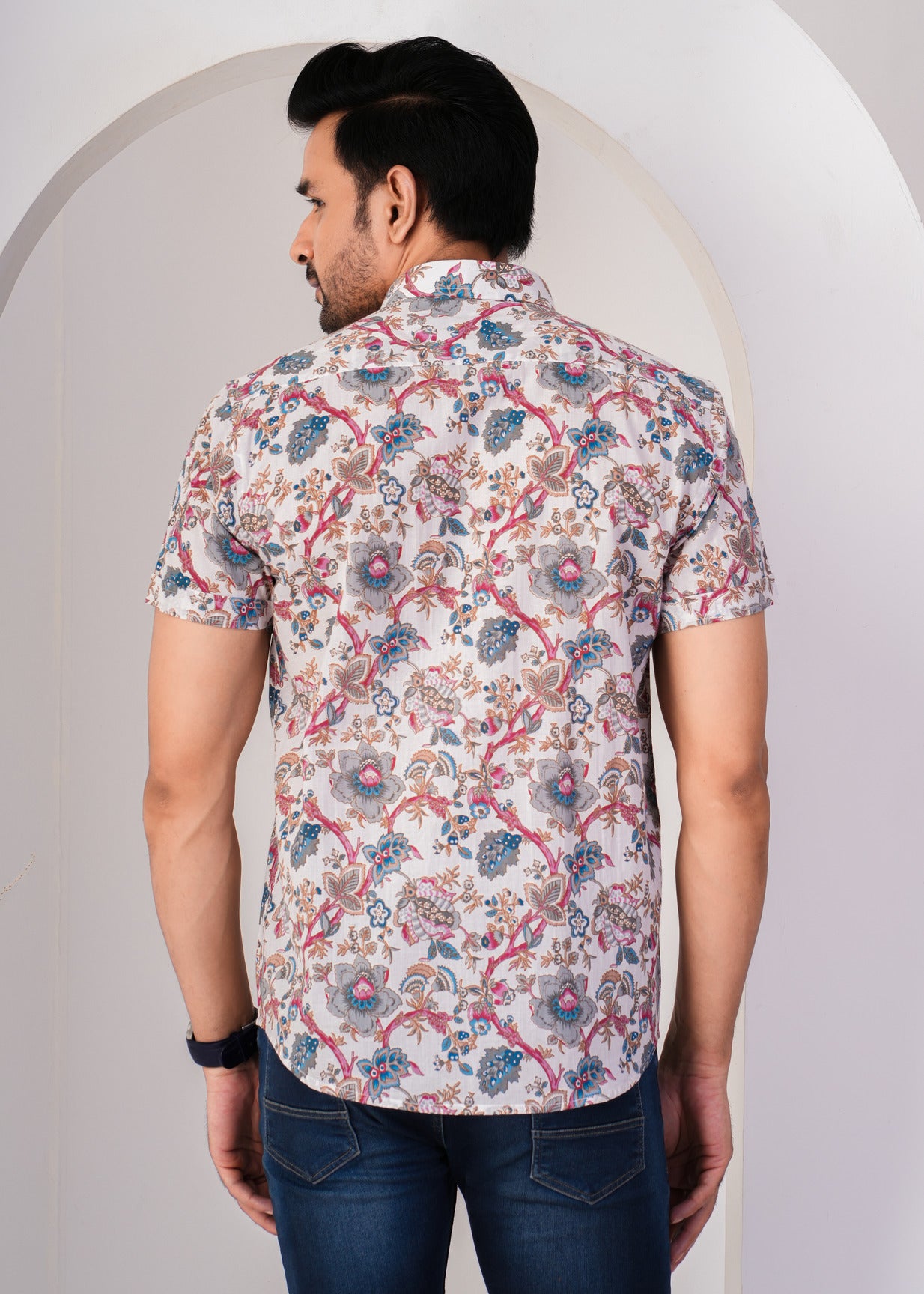Light Pink Flower Print Cotton Regular Fit Men's Shirt