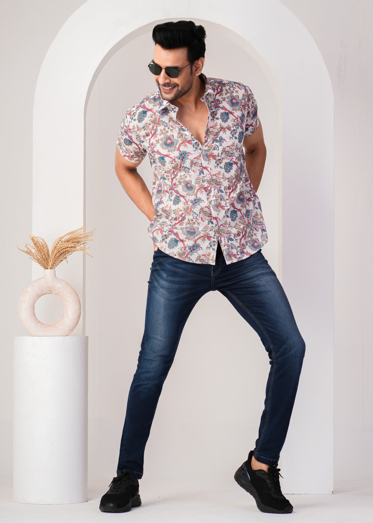 Light Pink Flower Print Cotton Regular Fit Men's Shirt