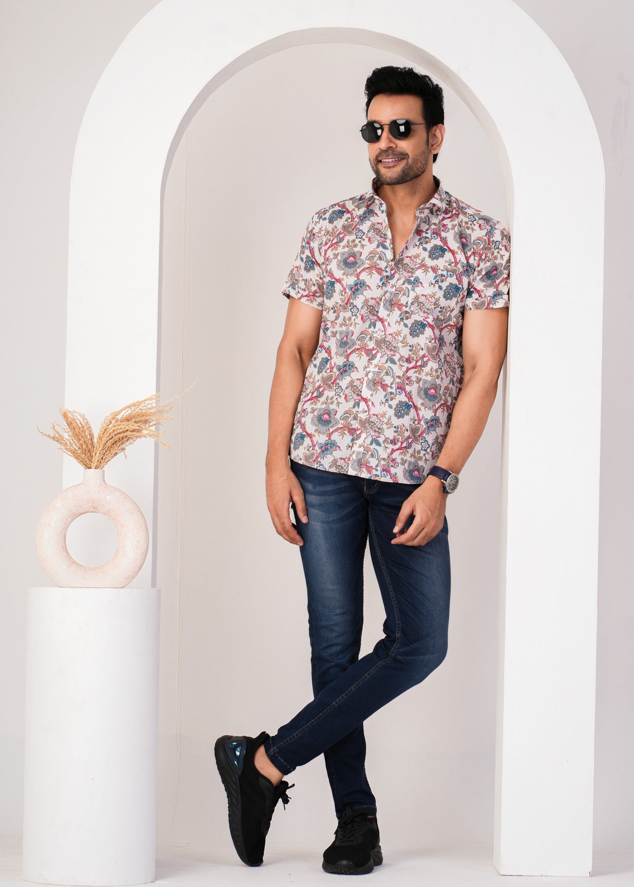 Light Pink Flower Print Cotton Regular Fit Men's Shirt