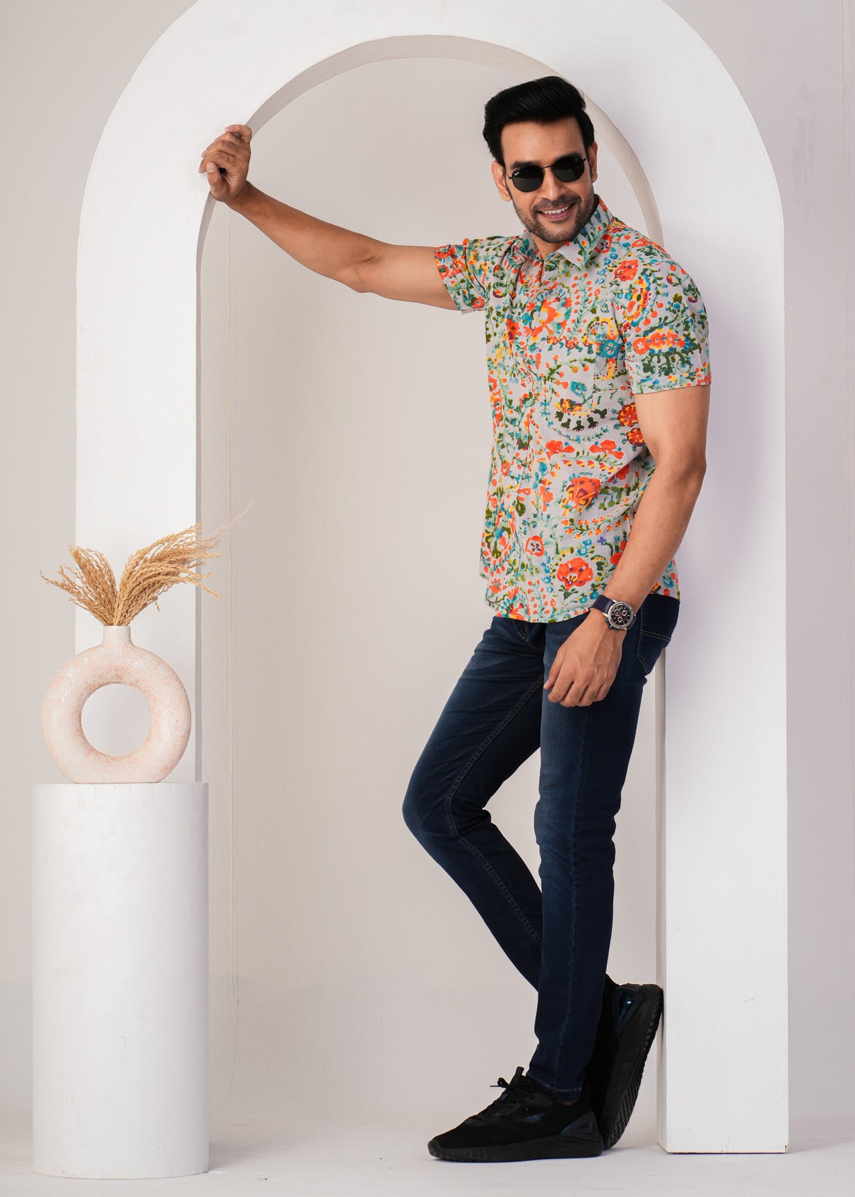 Multicolor Abstract Floral Printed Cotton Men Shirt