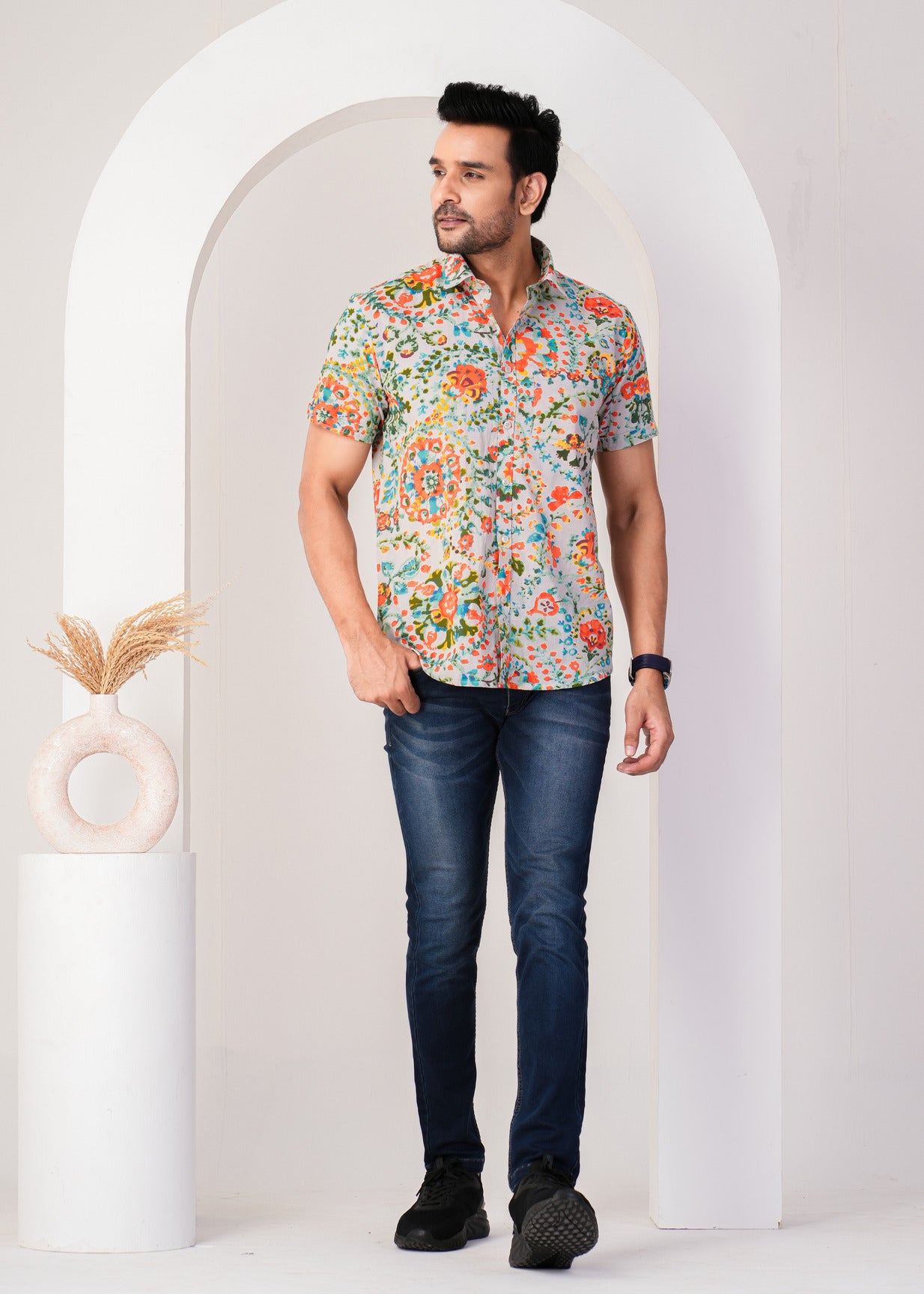 Multicolor Abstract Floral Printed Cotton Men Shirt