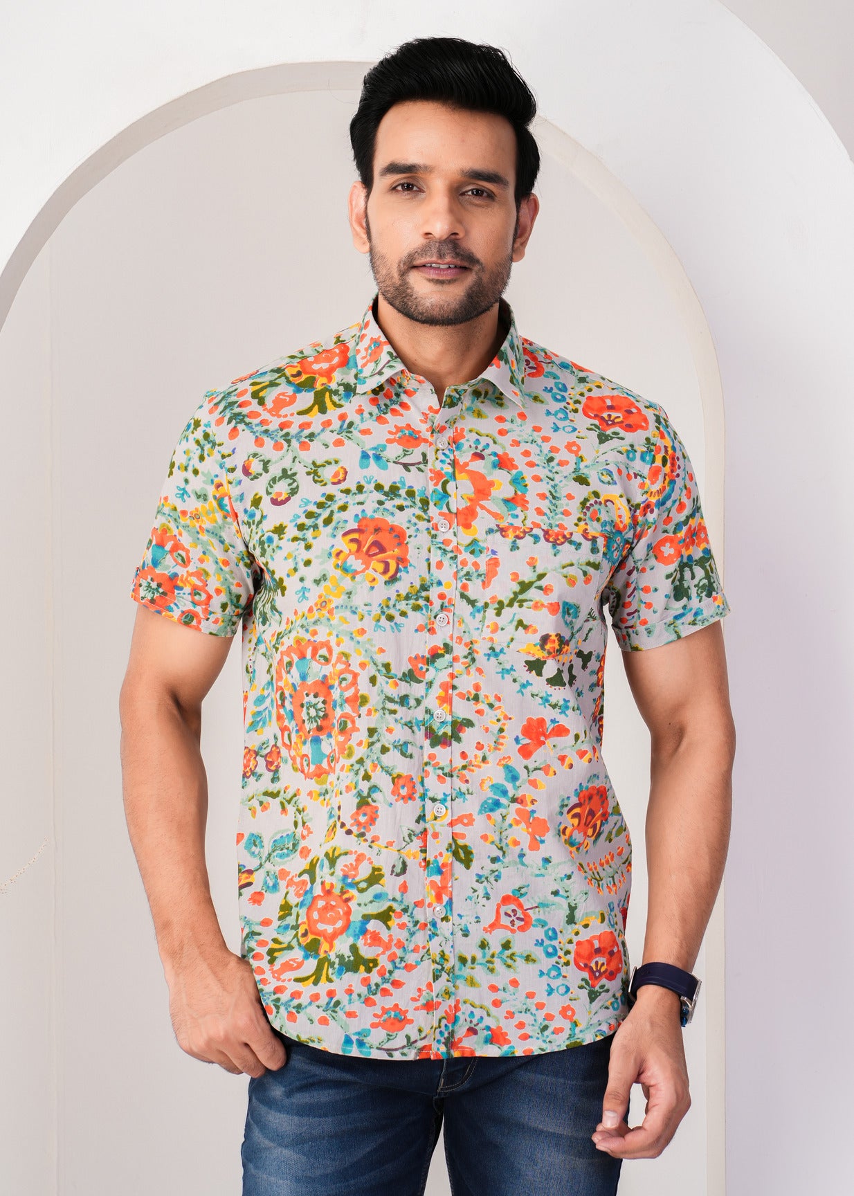 Multicolor Abstract Floral Printed Cotton Men Shirt