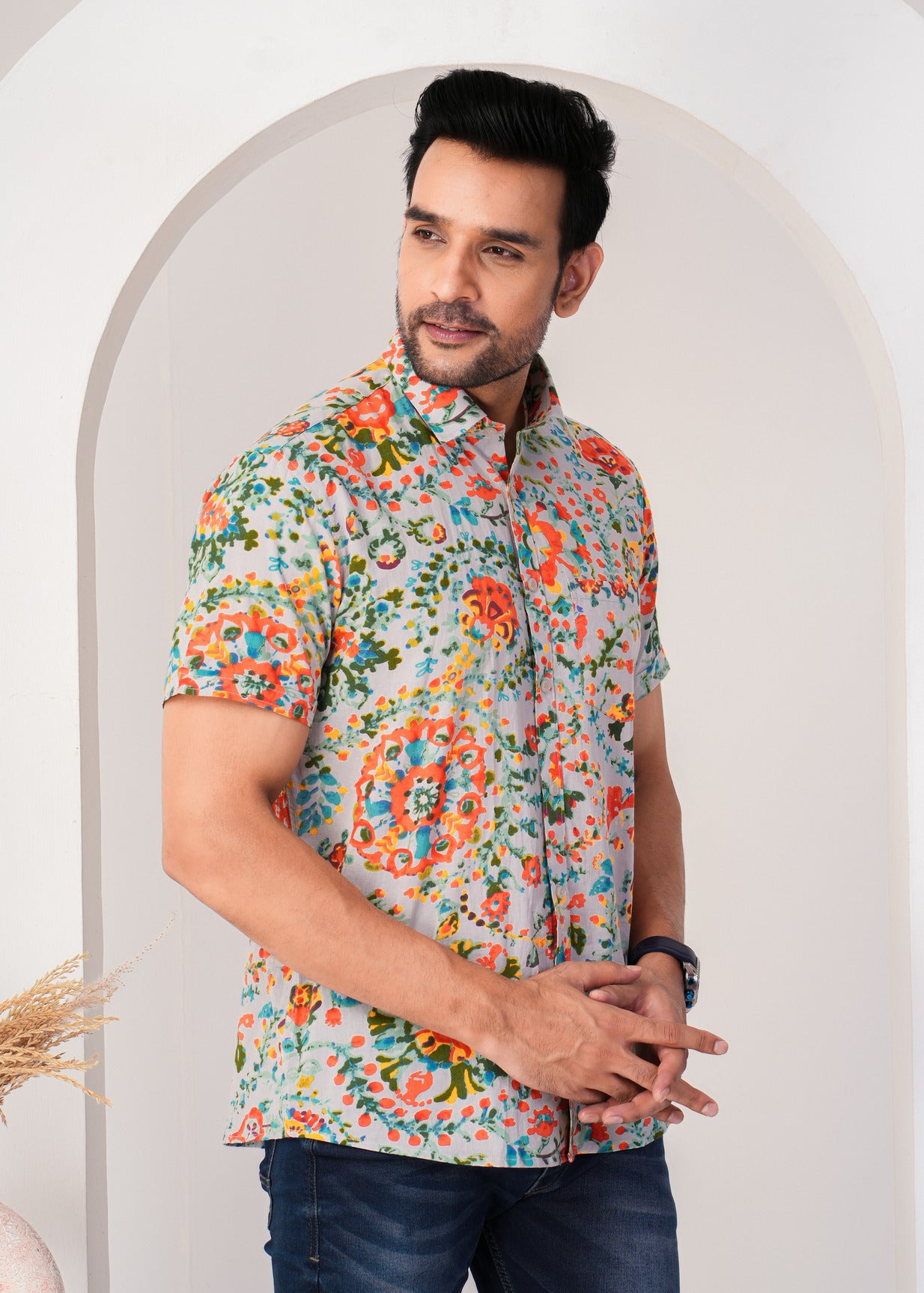 Multicolor Abstract Floral Printed Cotton Men Shirt
