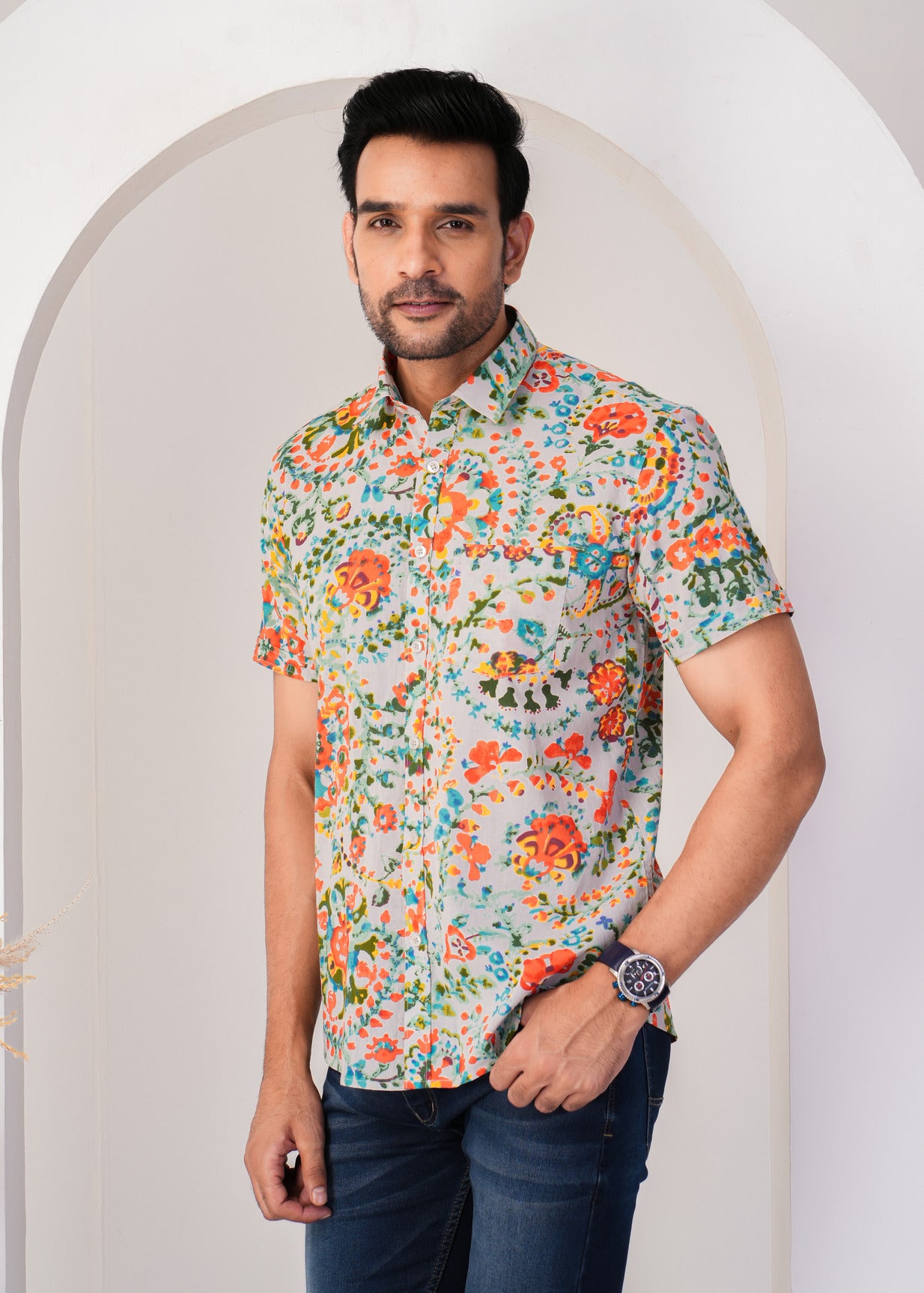 Multicolor Abstract Floral Printed Cotton Men Shirt