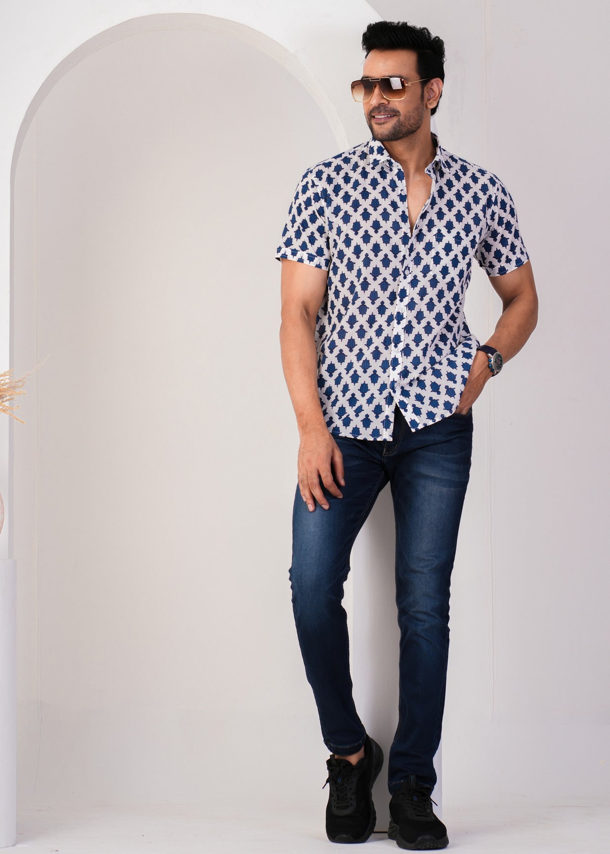 White With Blue Turtle Printed Cotton Men Shirt