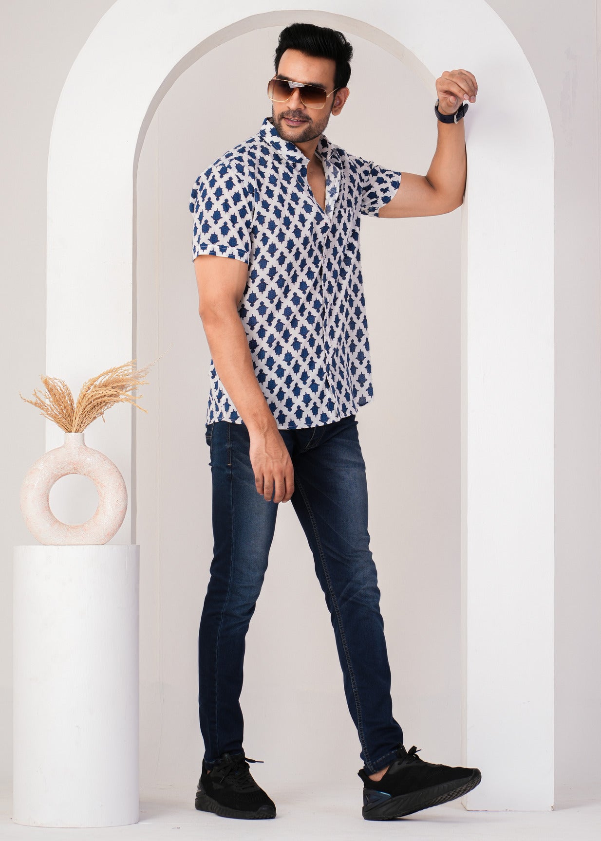 White With Blue Turtle Printed Cotton Men Shirt