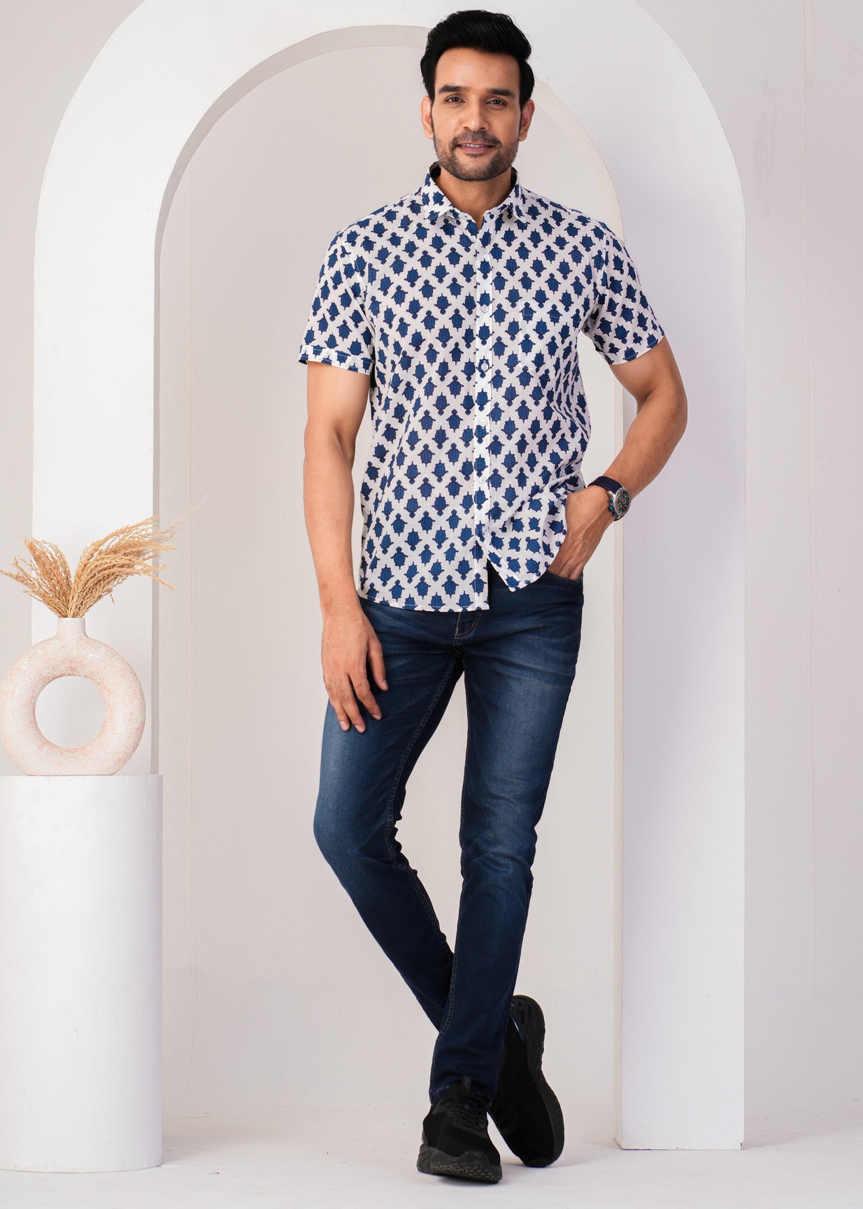 White With Blue Turtle Printed Cotton Men Shirt