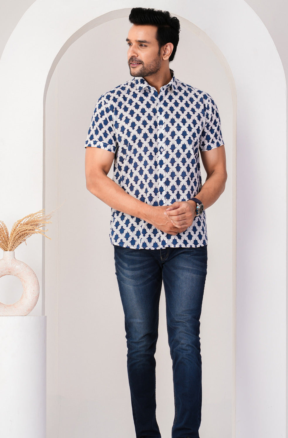 White With Blue Turtle Printed Cotton Men Shirt