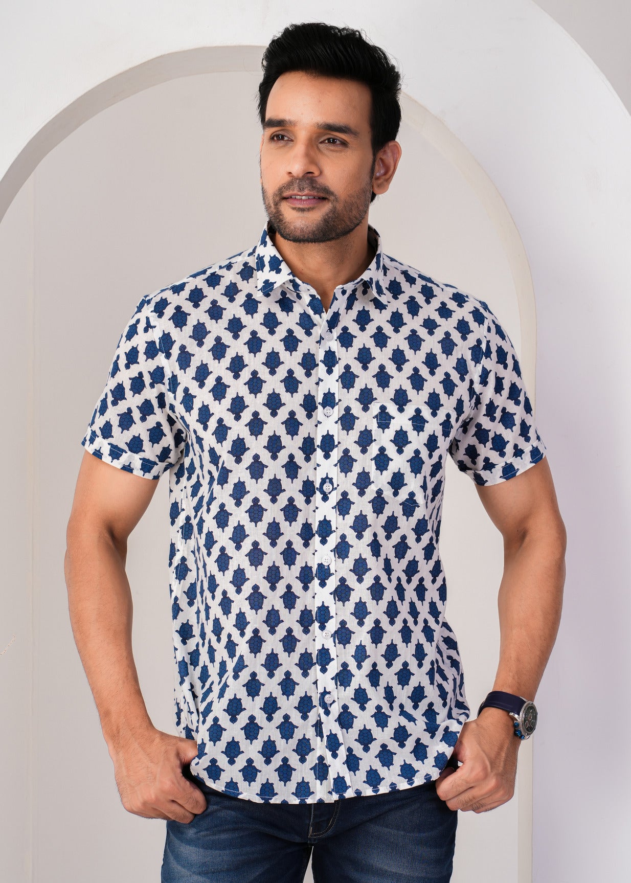 White With Blue Turtle Printed Cotton Men Shirt