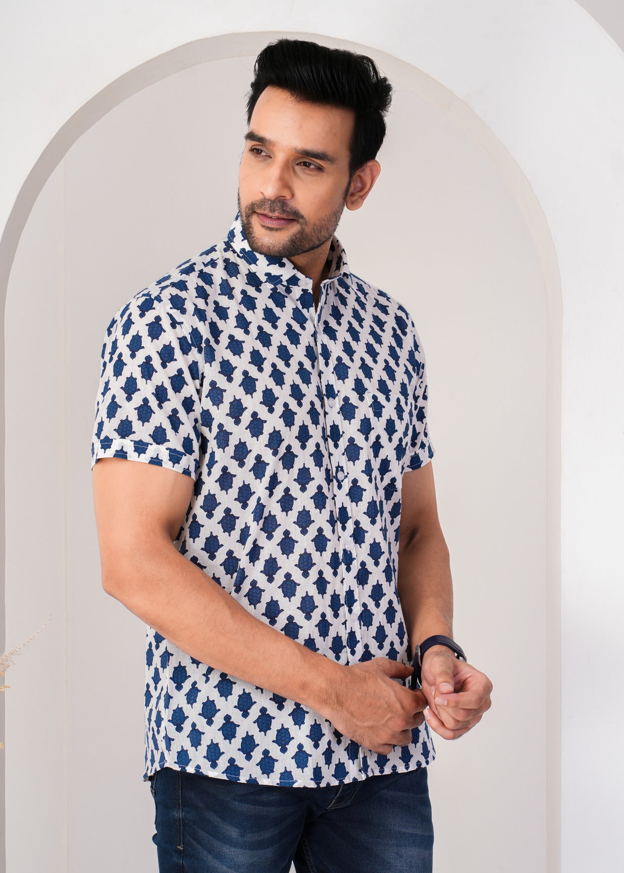 White With Blue Turtle Printed Cotton Men Shirt