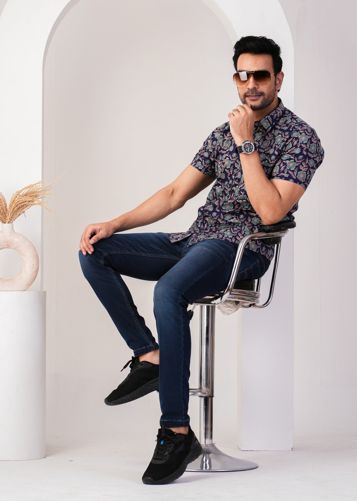 Navy Blue Abstract Floral Printed Cotton Men Shirt