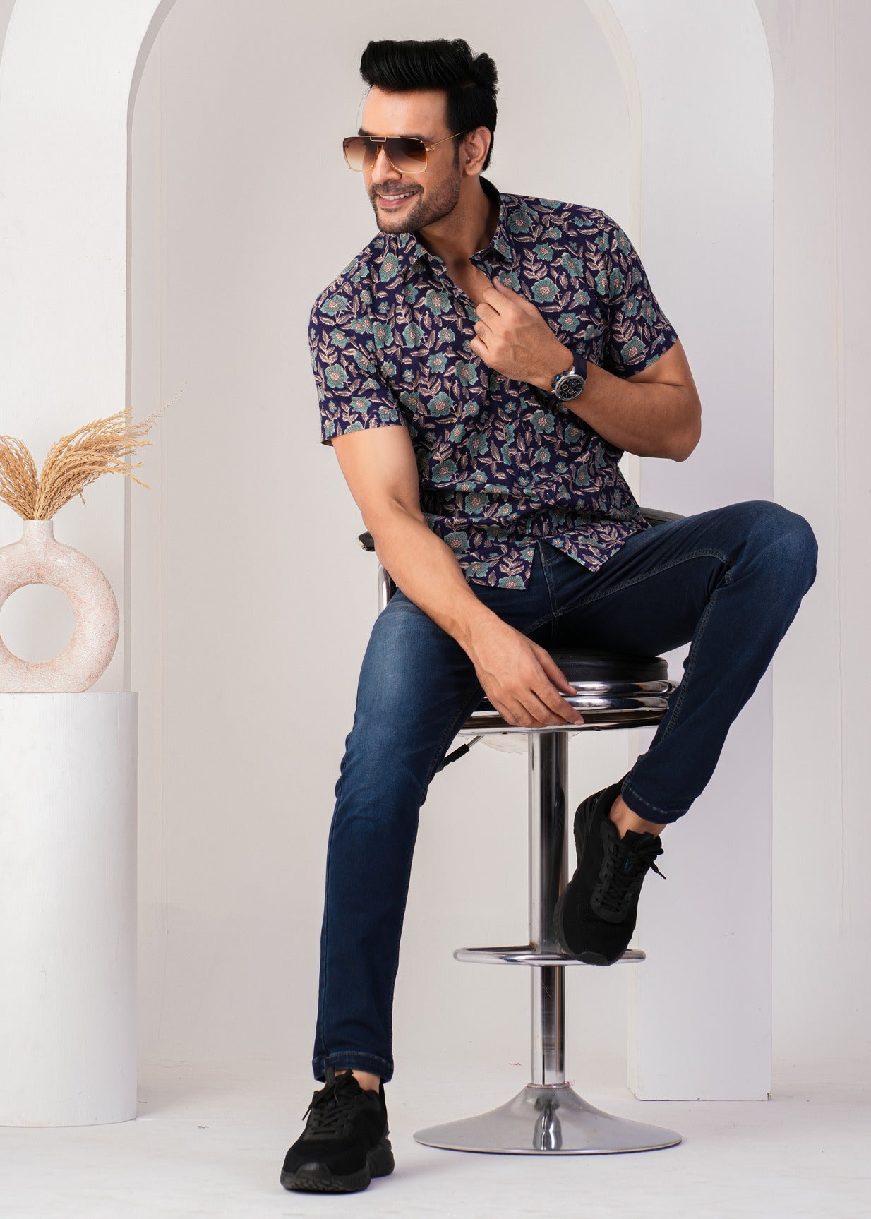 Navy Blue Abstract Floral Printed Cotton Men Shirt