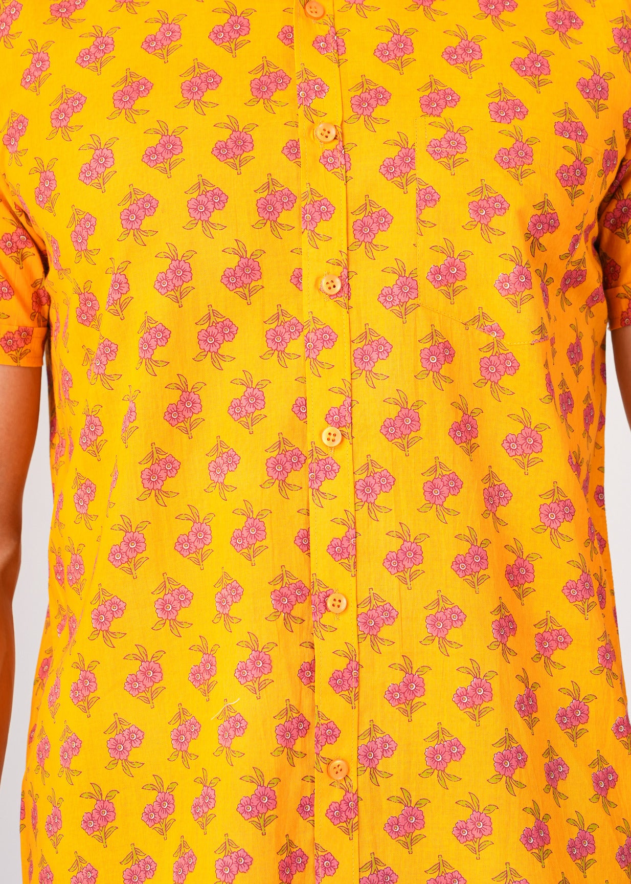 Mustard With Red Flower Print Cotton Regular Fit Men's Shirt