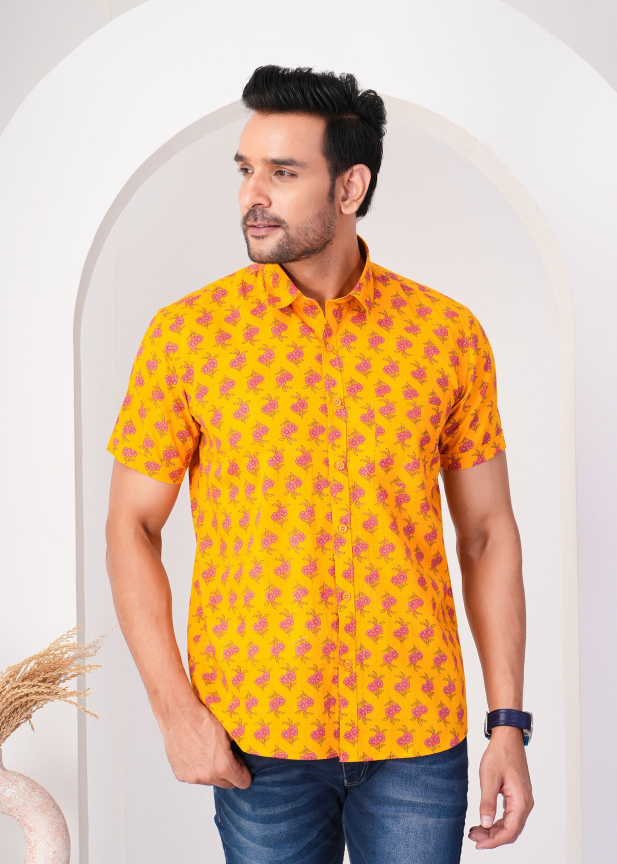 Mustard With Red Flower Print Cotton Regular Fit Men's Shirt