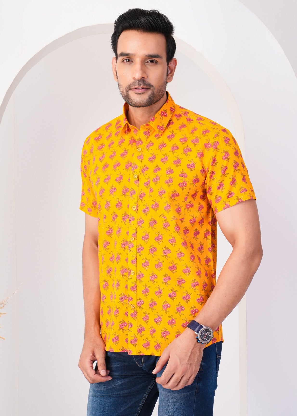 Mustard With Red Flower Print Cotton Regular Fit Men's Shirt