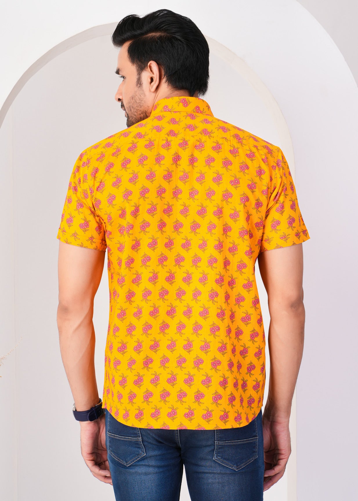 Mustard With Red Flower Print Cotton Regular Fit Men's Shirt