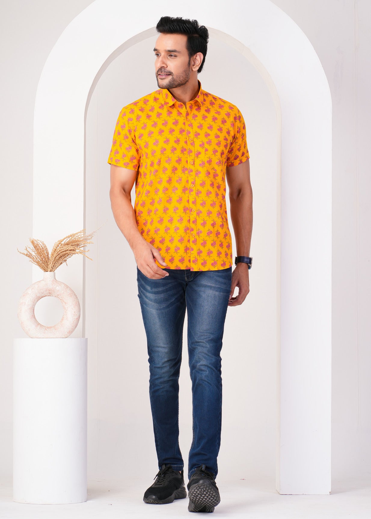 Mustard With Red Flower Print Cotton Regular Fit Men's Shirt