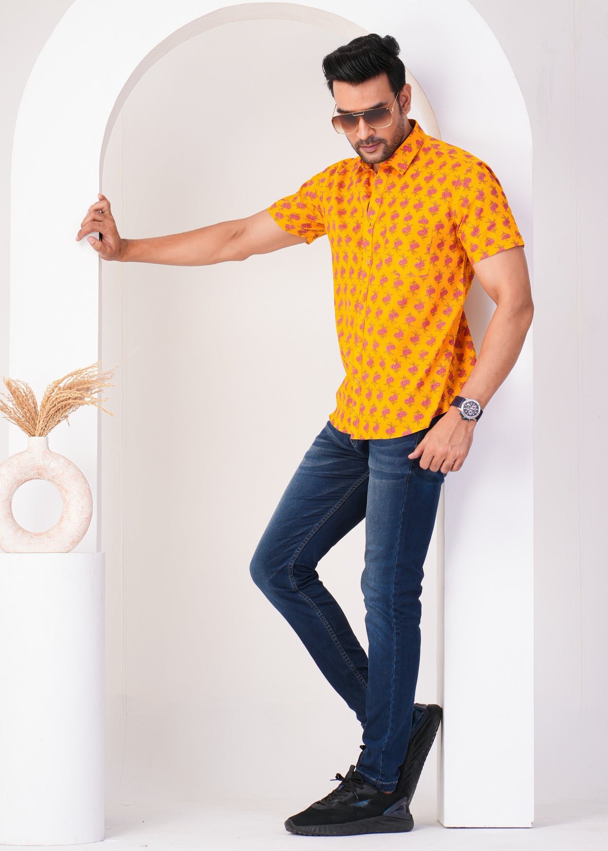 Mustard With Red Flower Print Cotton Regular Fit Men's Shirt