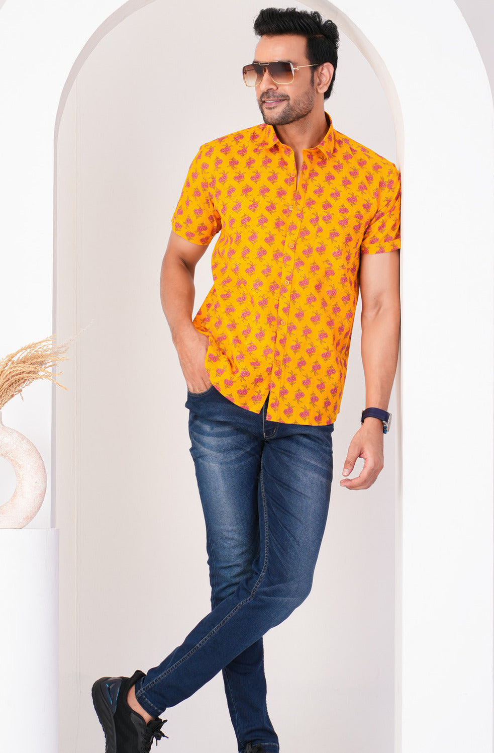 Mustard With Red Flower Print Cotton Regular Fit Men's Shirt