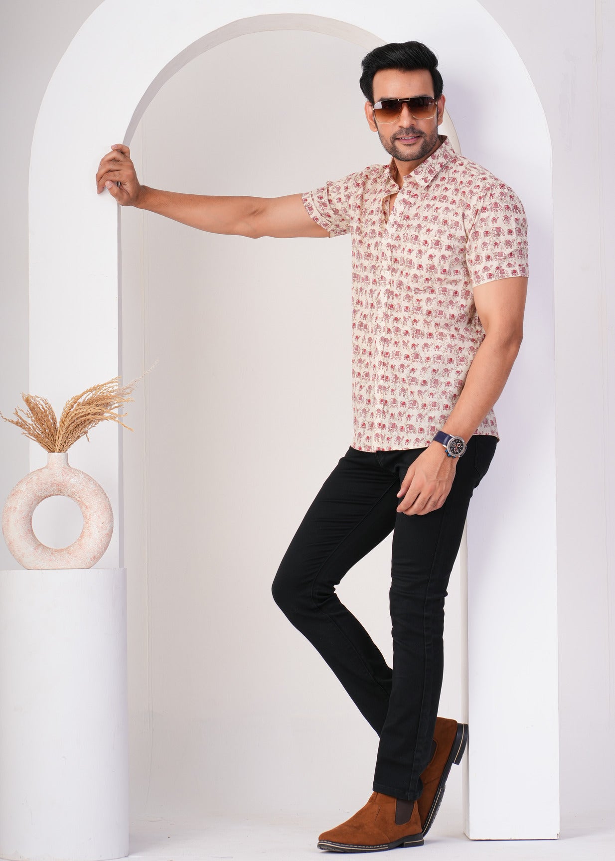 Off-White With Animal Prints Regular Fit Cotton Men's Shirt